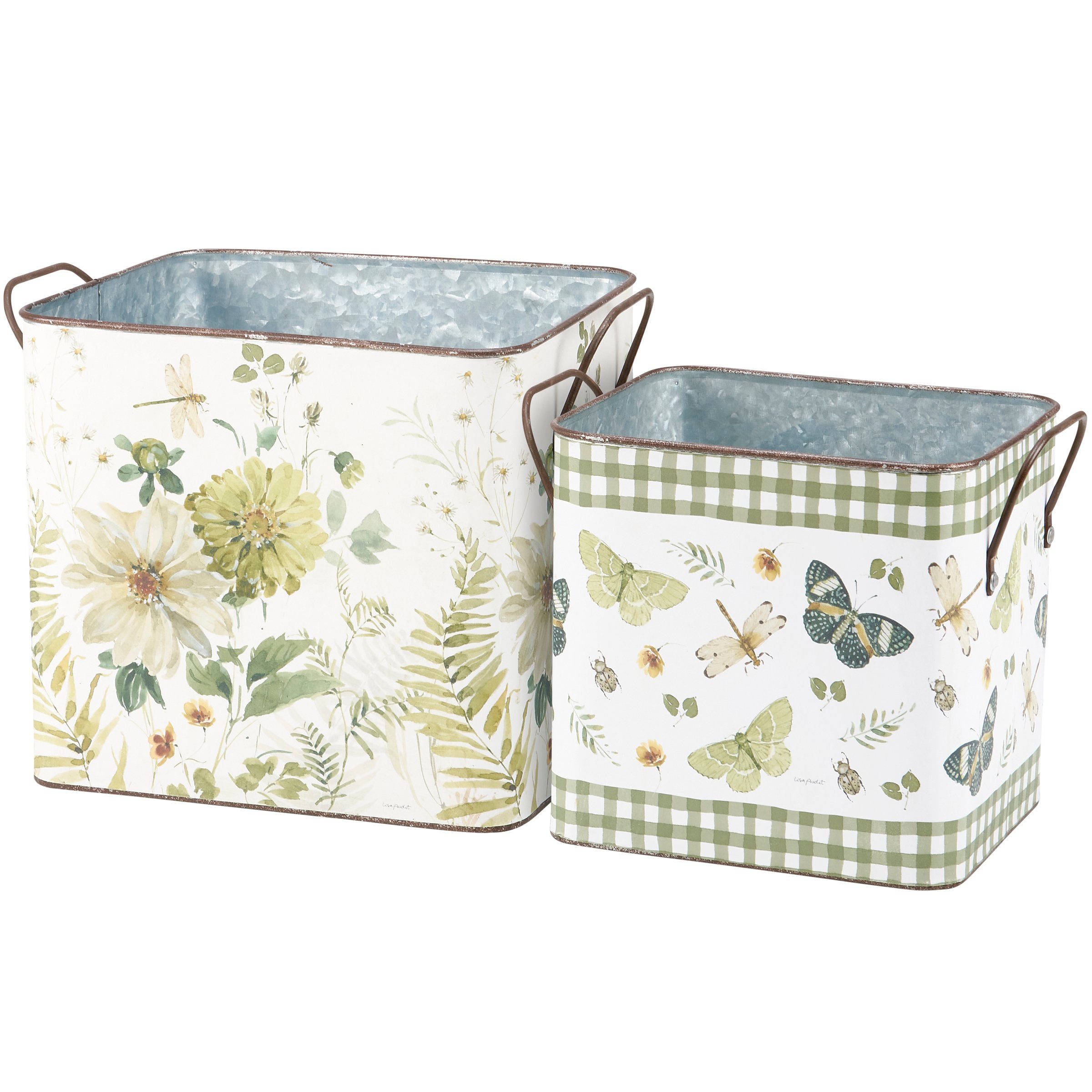 Charming Green Floral Galvanized Metal Storage Bins Set - Hand Painted Botanical Decor