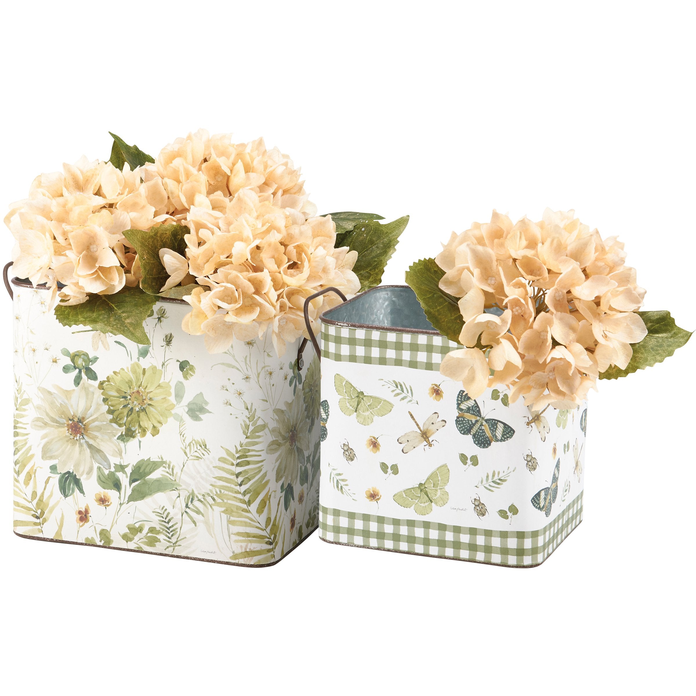 Charming Green Floral Galvanized Metal Storage Bins Set - Hand Painted Botanical Decor