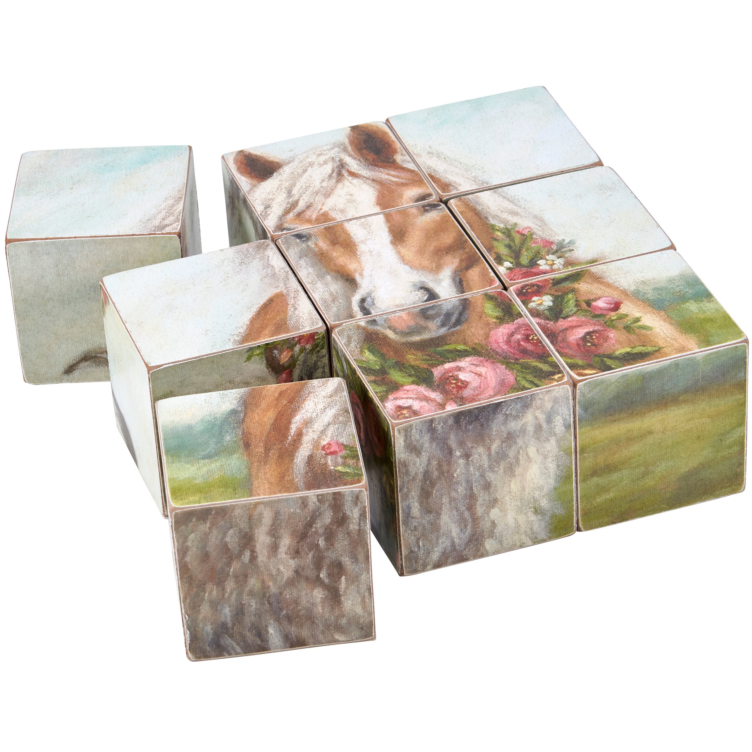 Charming Farmhouse Floral Animal Wooden Block Puzzle Set - 6 Scenes, 9 Blocks