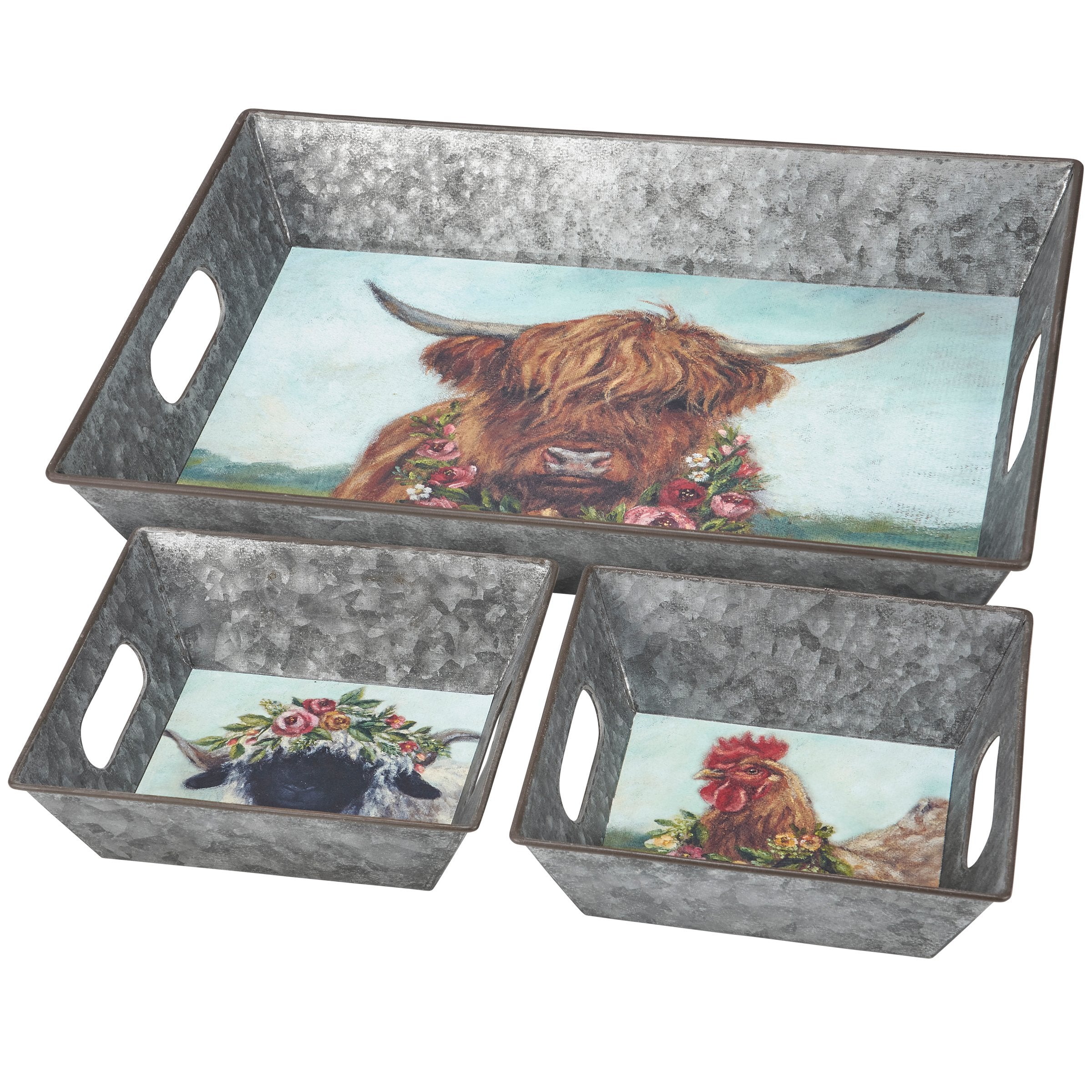 Galvanized Metal Farmhouse Floral Animal Decorative Tray Set - 3 Pieces