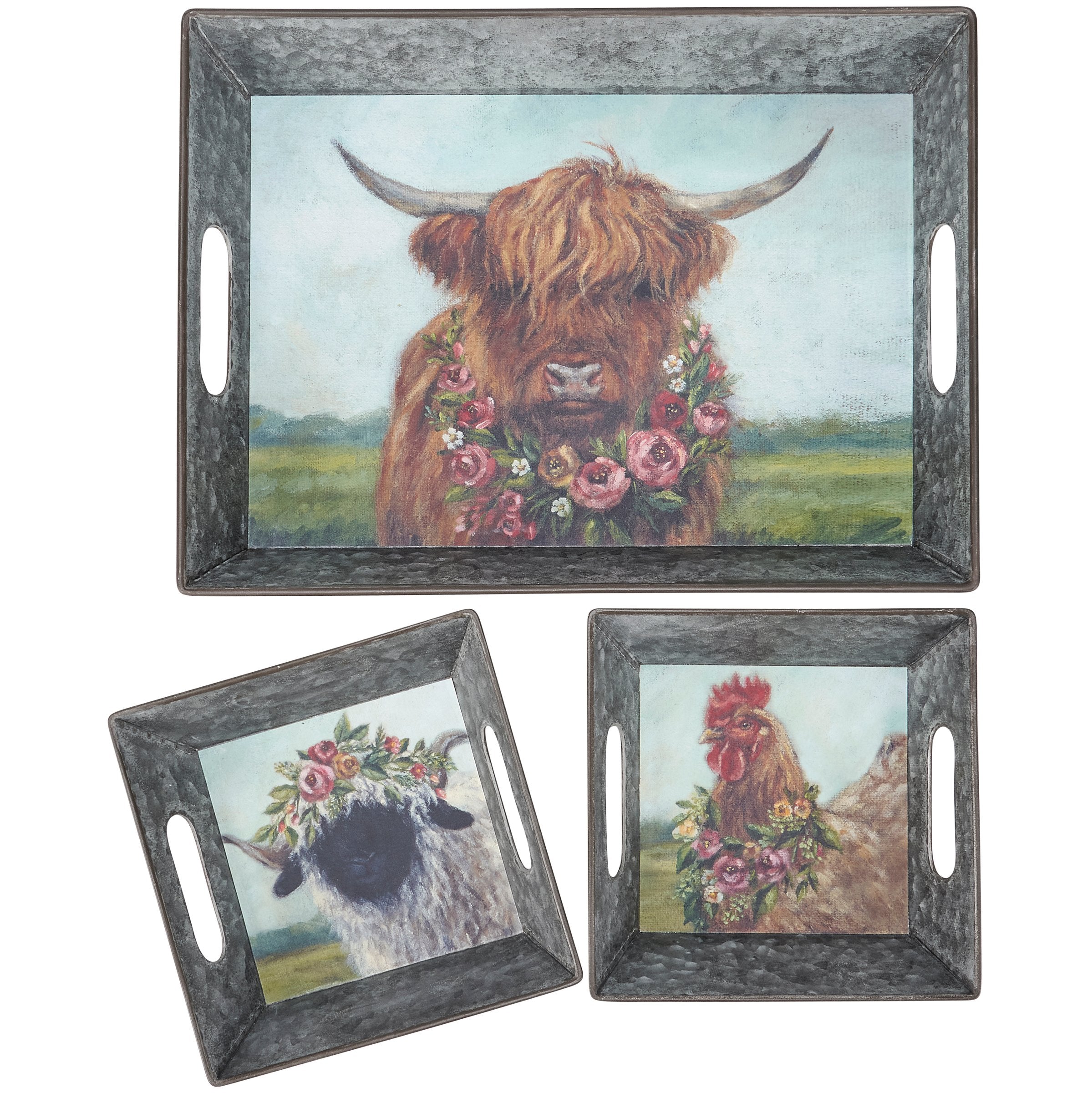Galvanized Metal Farmhouse Floral Animal Decorative Tray Set - 3 Pieces