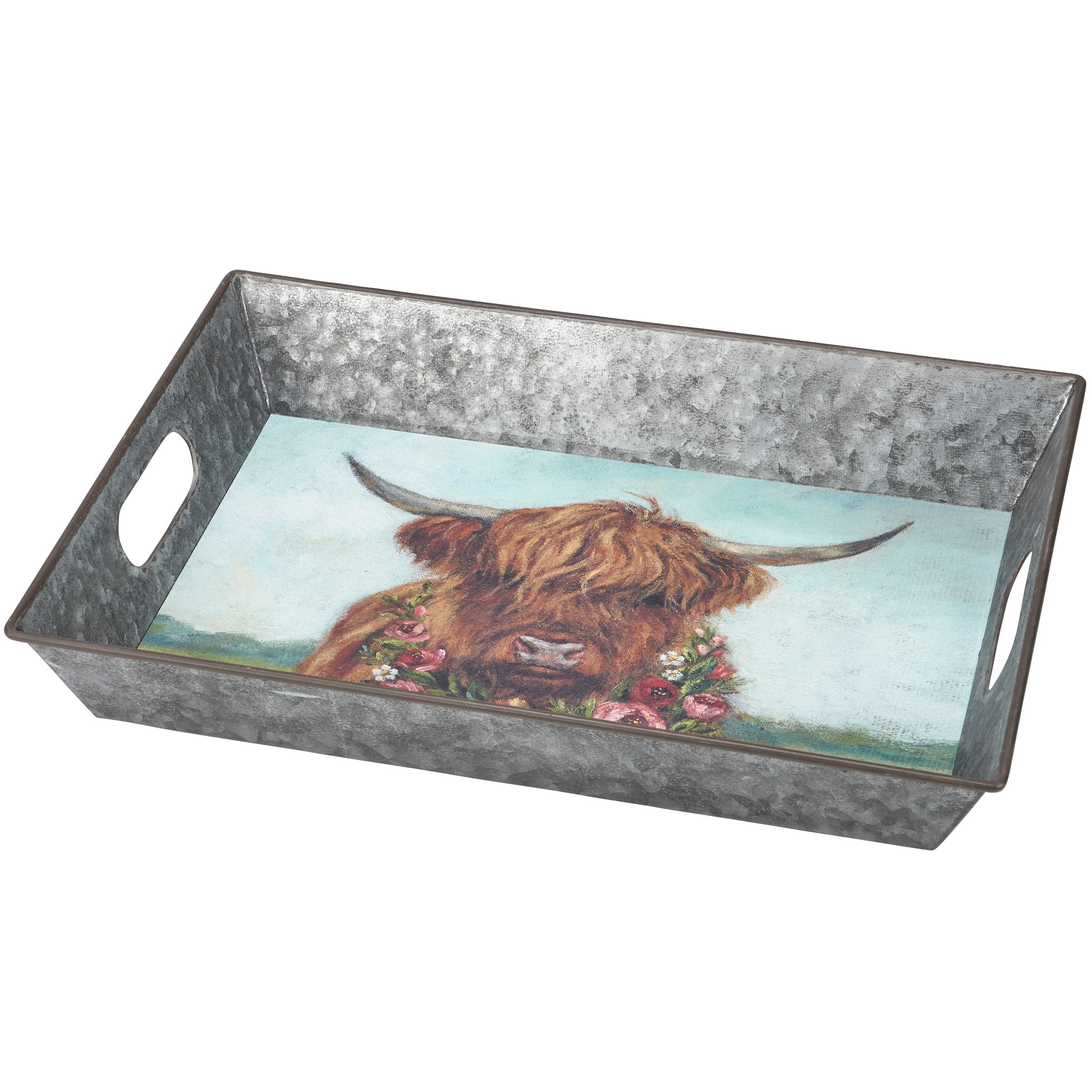 Galvanized Metal Farmhouse Floral Animal Decorative Tray Set - 3 Pieces