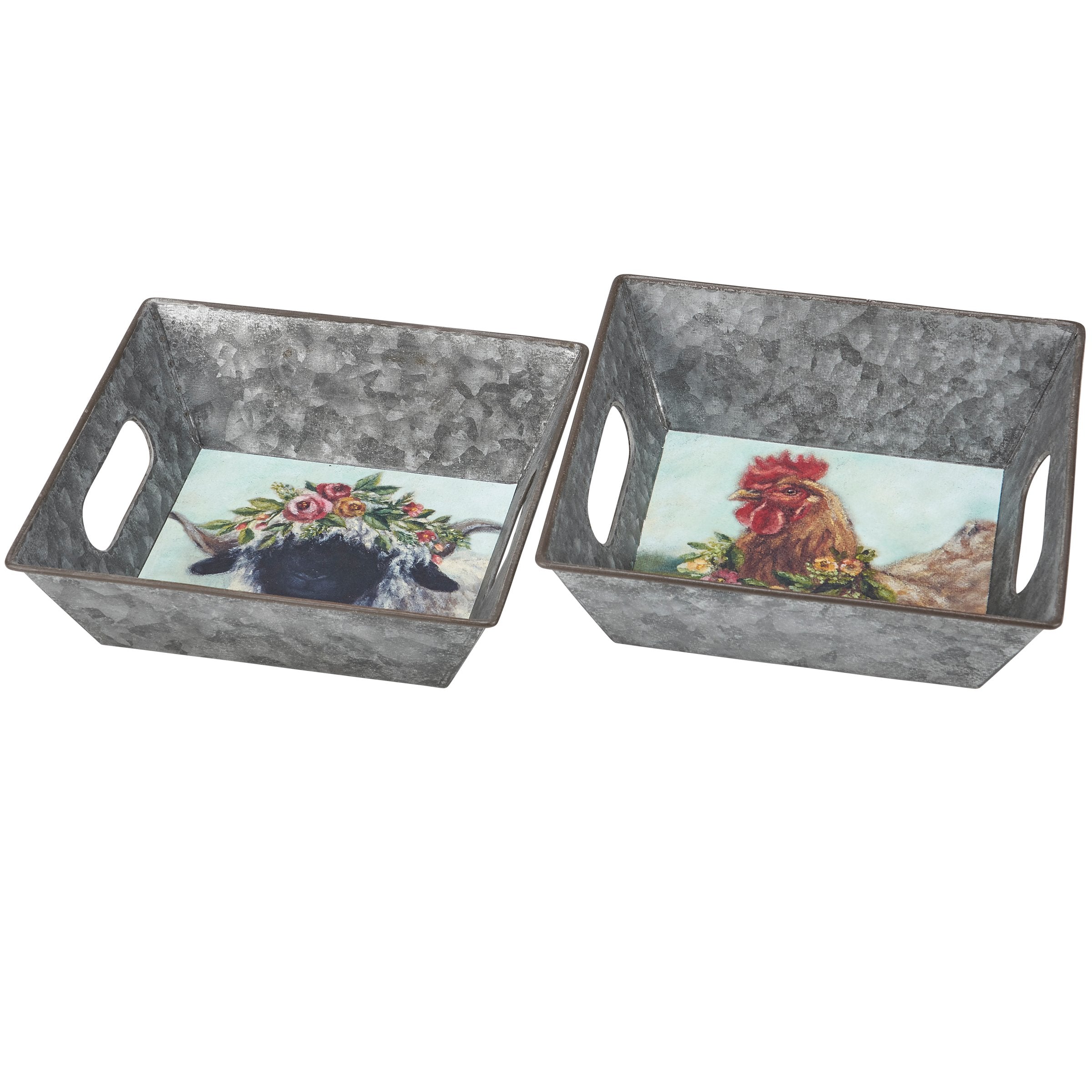 Galvanized Metal Farmhouse Floral Animal Decorative Tray Set - 3 Pieces