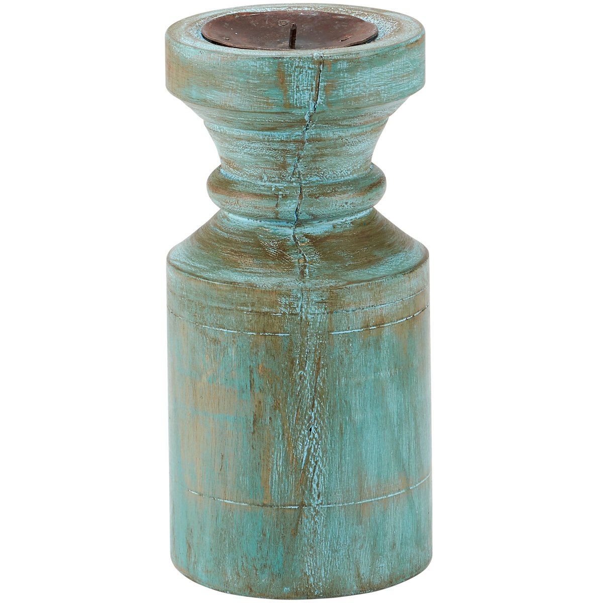 Coastal Distressed Blue Wooden Pillar Candle Holder - Rustic Farmhouse Accent
