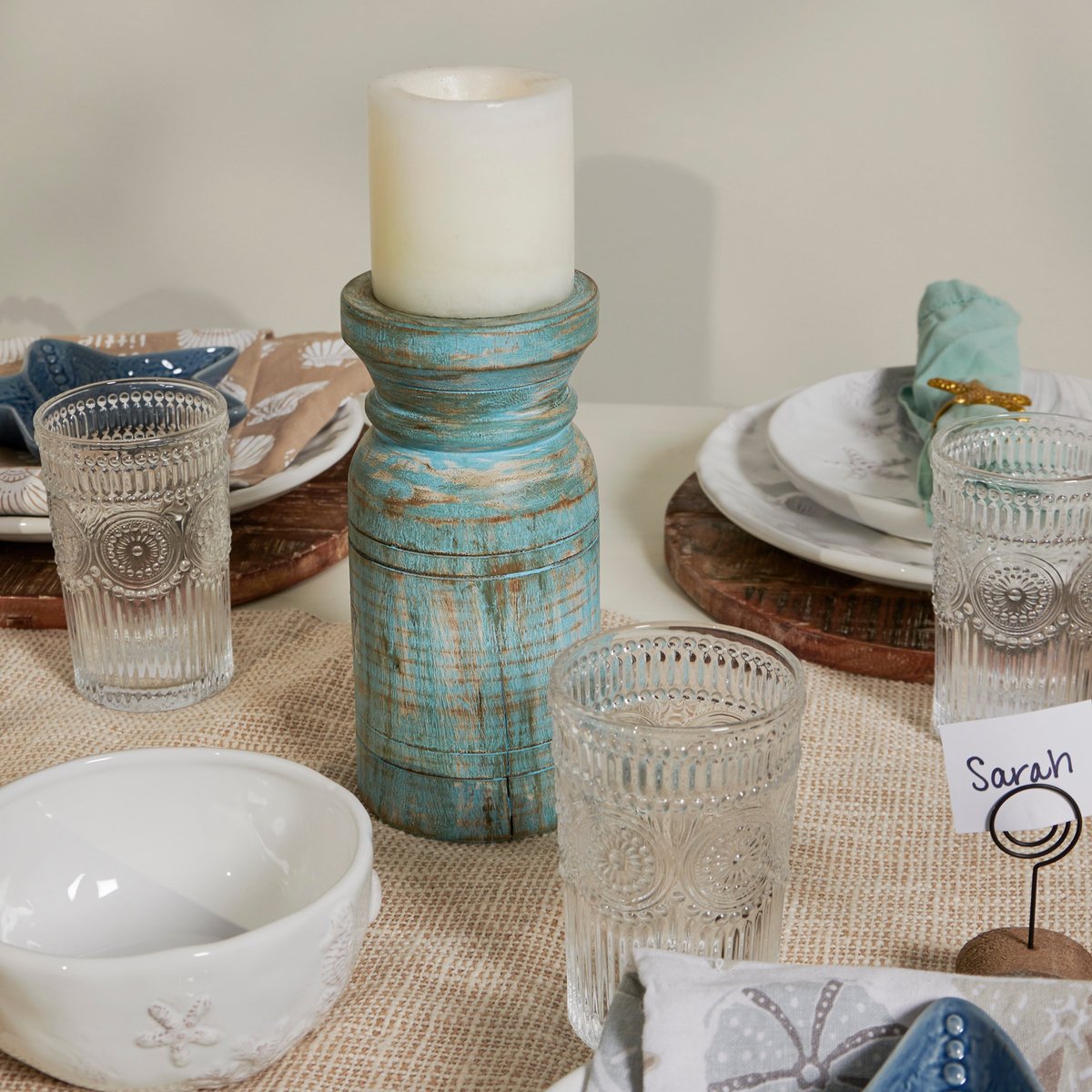 Coastal Distressed Blue Wooden Pillar Candle Holder - Rustic Farmhouse Accent