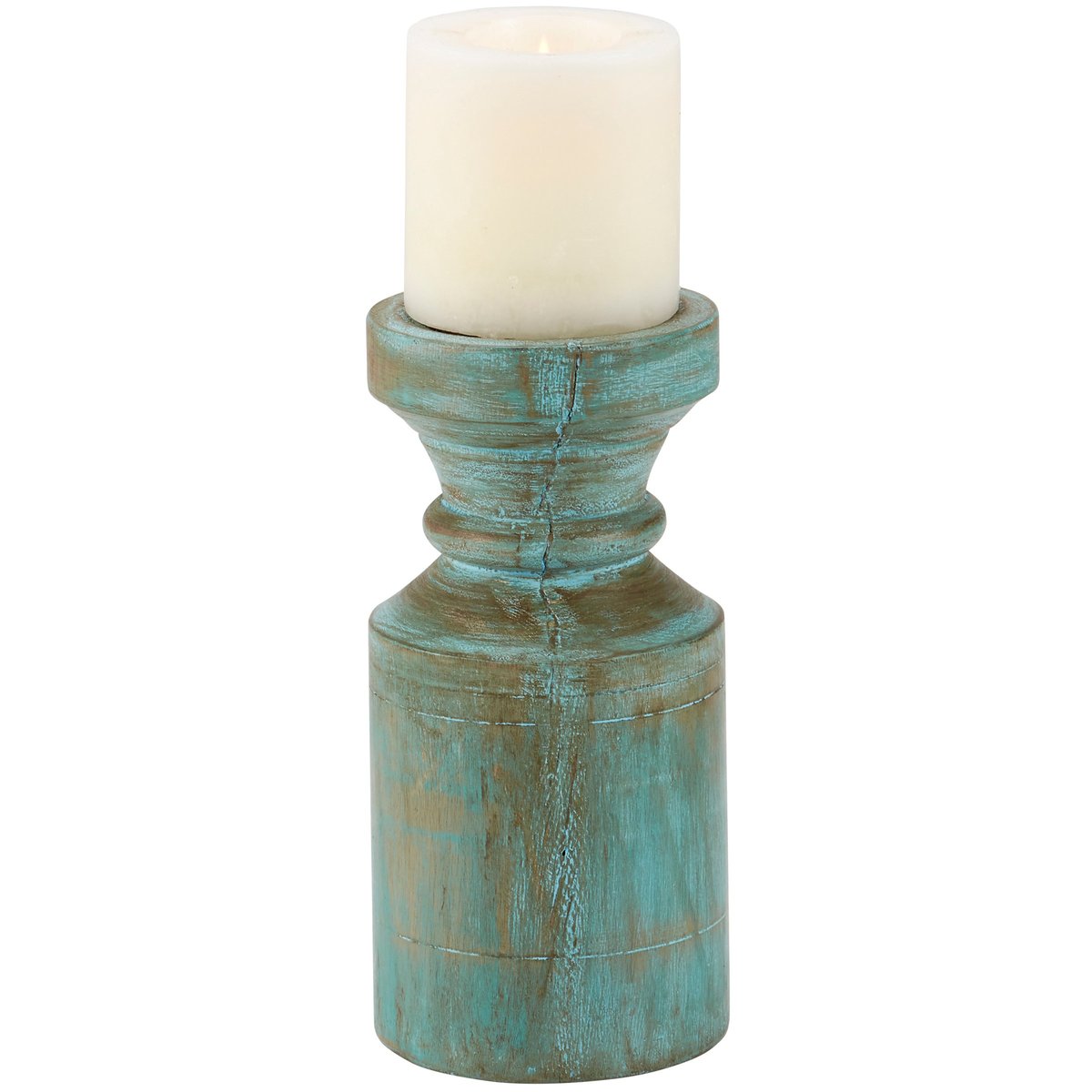 Coastal Distressed Blue Wooden Pillar Candle Holder - Rustic Farmhouse Accent
