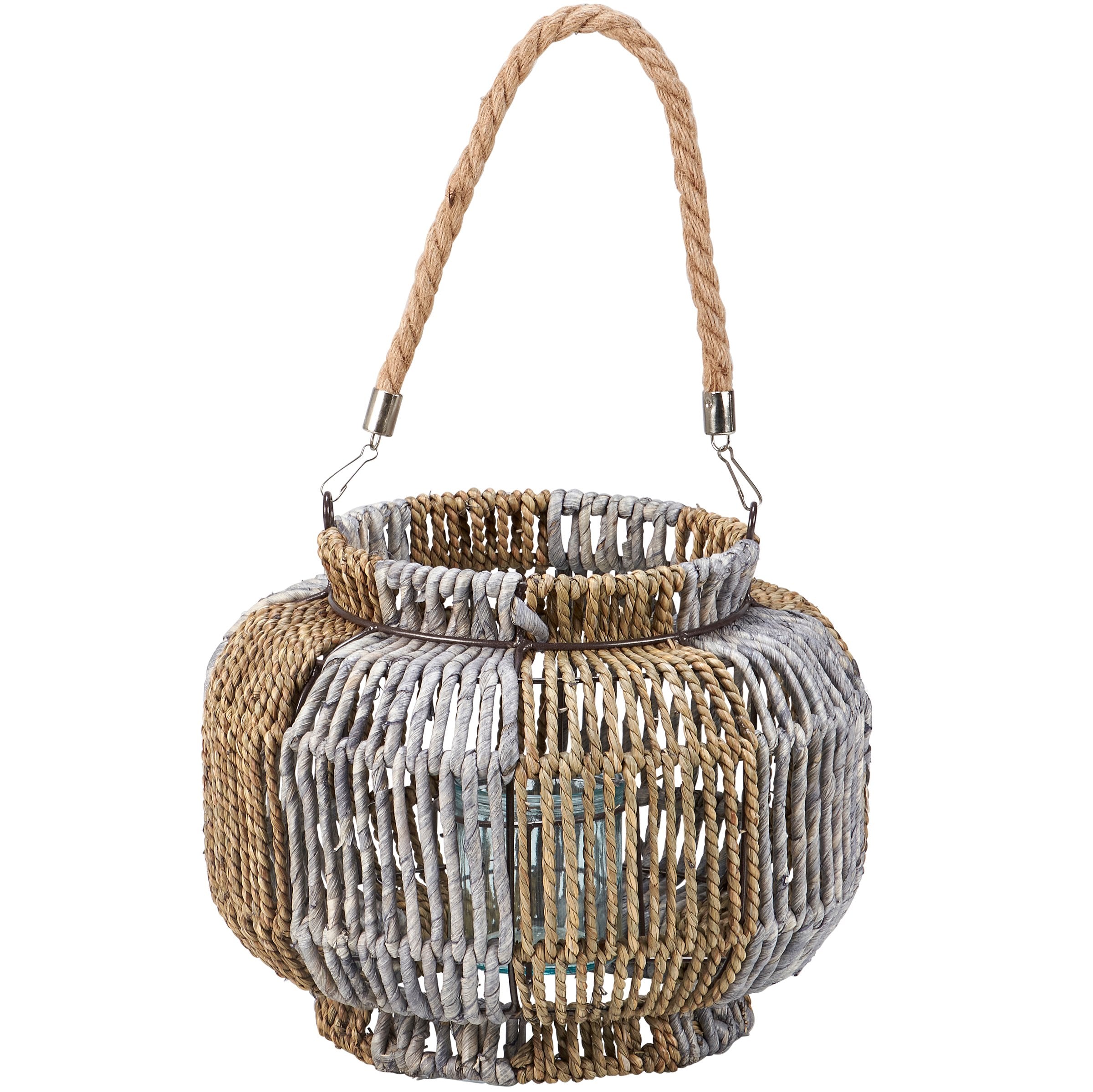 Chic Woven Rope Lantern with Glass Holder, Metal Frame, Coastal Beach Home Accent