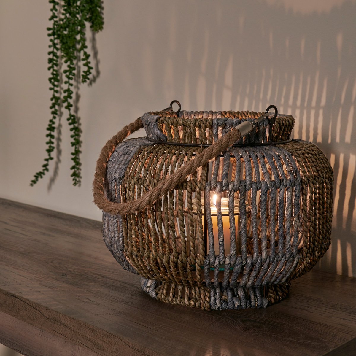 Chic Woven Rope Lantern with Glass Holder, Metal Frame, Coastal Beach Home Accent
