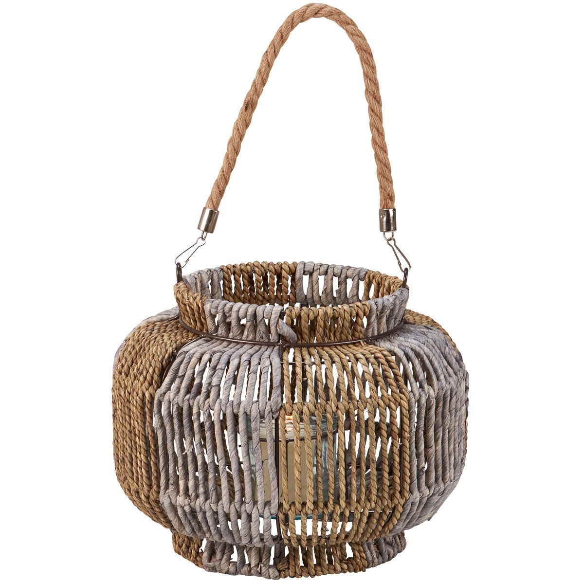 Chic Woven Rope Lantern with Glass Holder, Metal Frame, Coastal Beach Home Accent