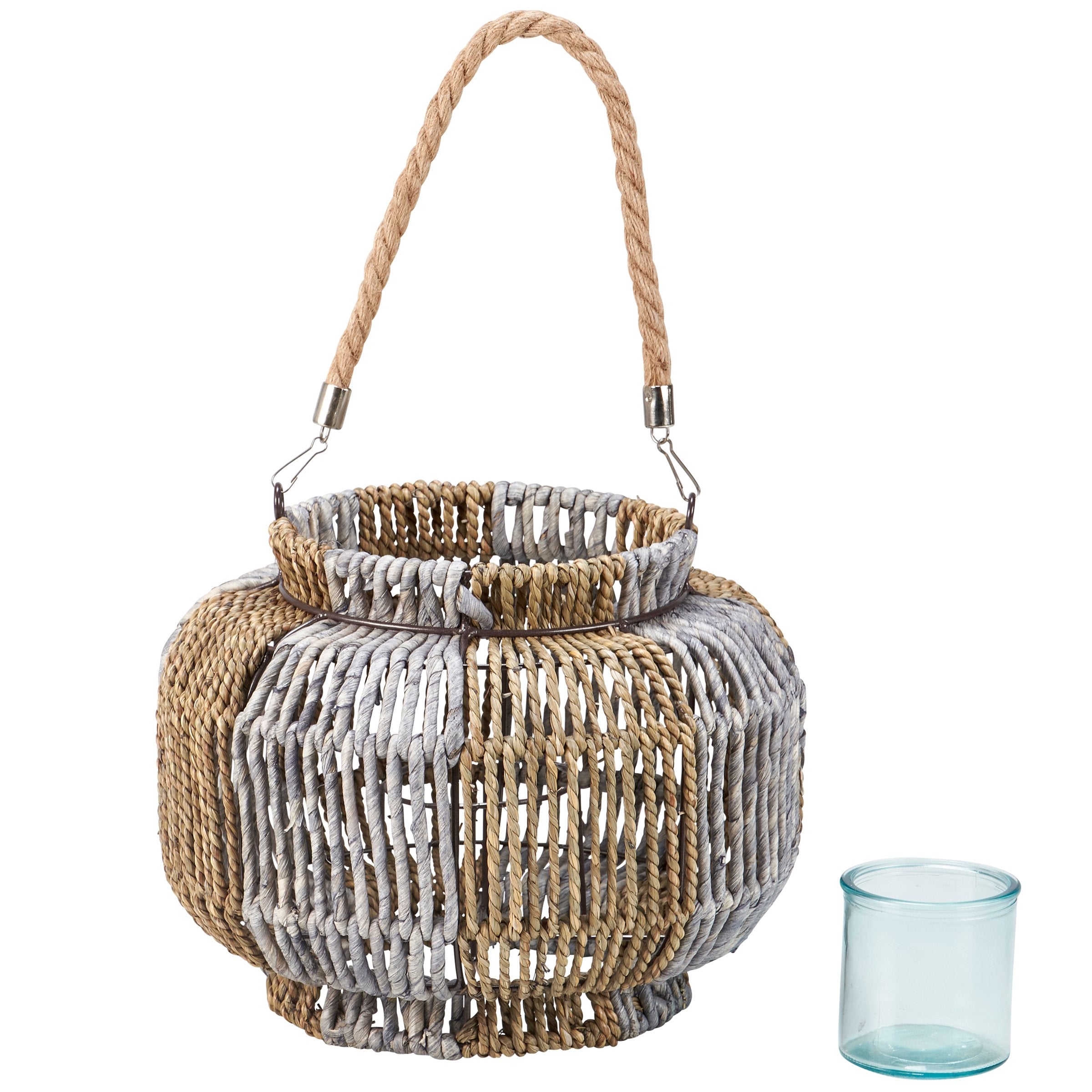 Chic Woven Rope Lantern with Glass Holder, Metal Frame, Coastal Beach Home Accent