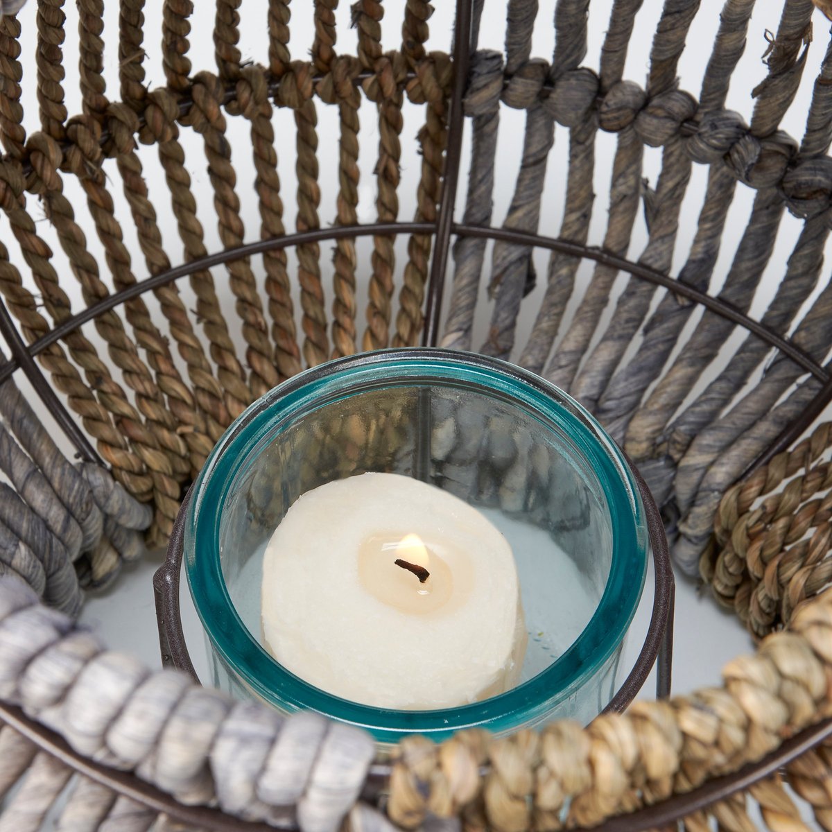 Chic Woven Rope Lantern with Glass Holder, Metal Frame, Coastal Beach Home Accent