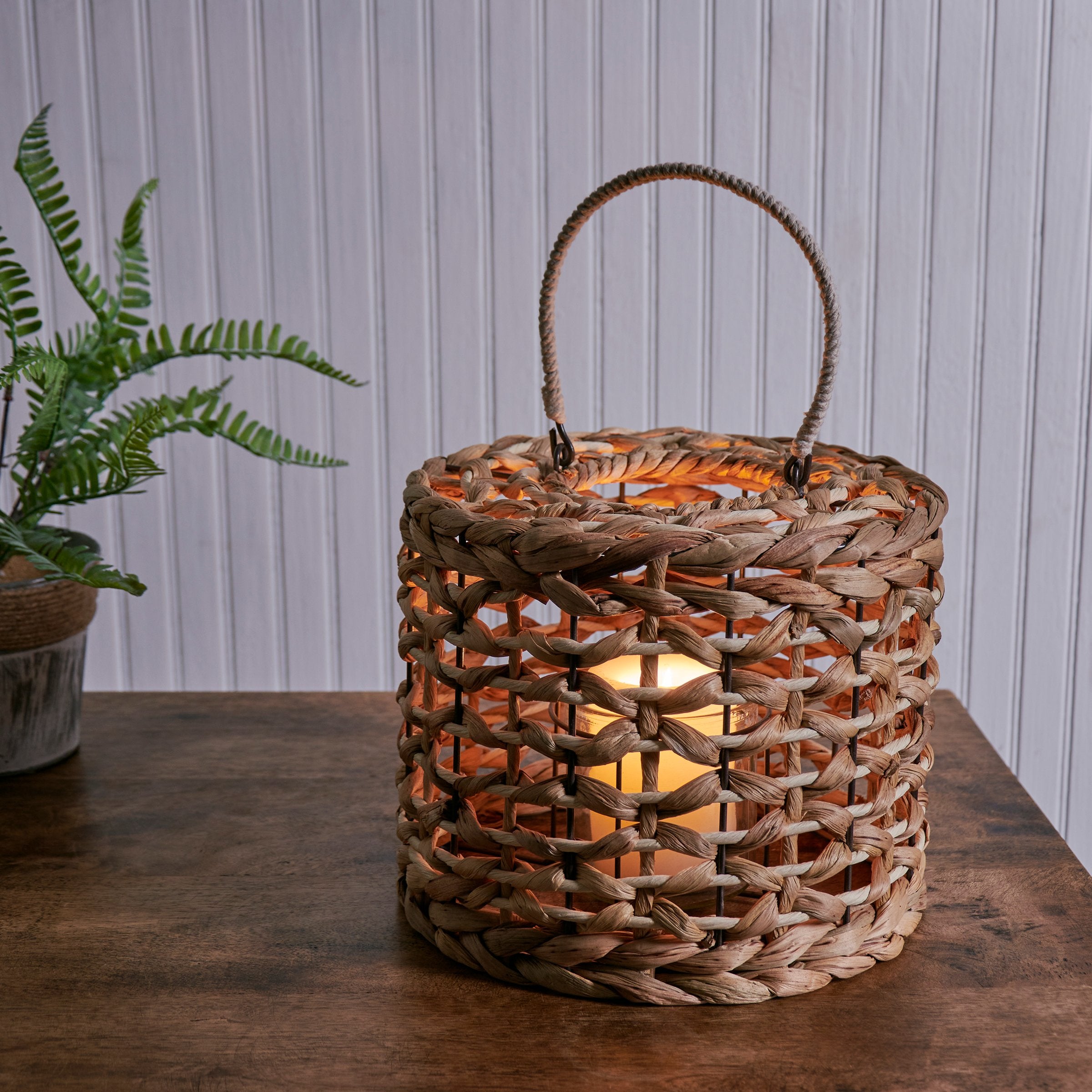 Chic Woven Raffia Lantern with Glass Holder, Natural Beach Home Decor Accent