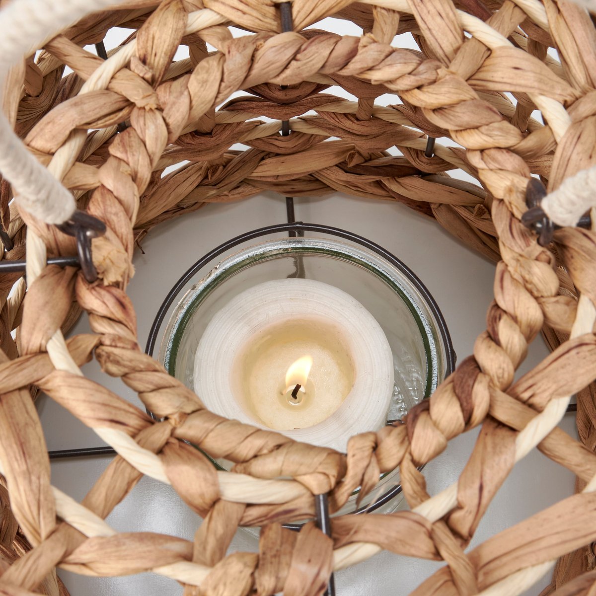 Chic Woven Raffia Lantern with Glass Holder, Natural Beach Home Decor Accent