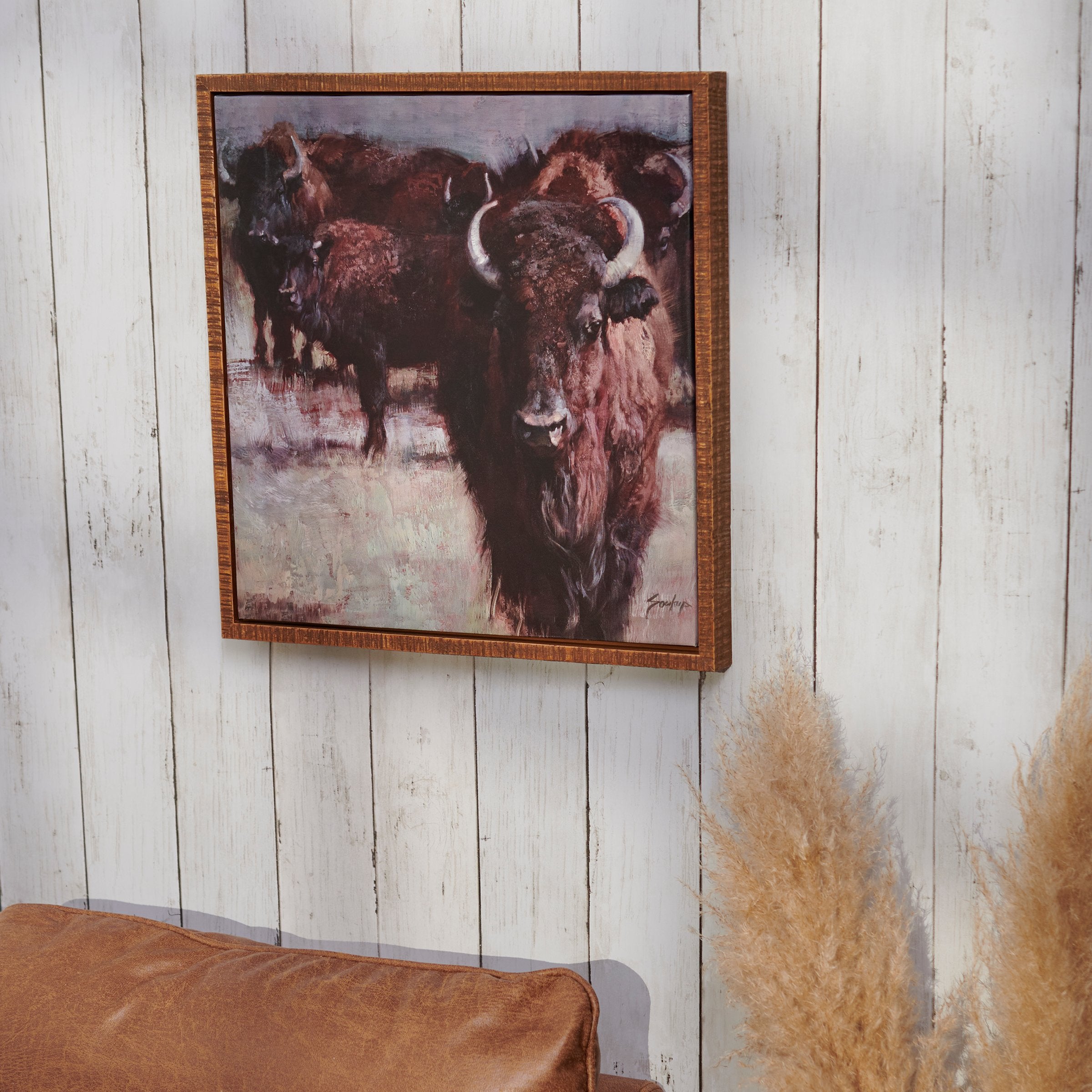 Majestic Buffalo Bison Canvas Wall Art - Rustic Desert Herd Hand Painted Floating Frame Decor