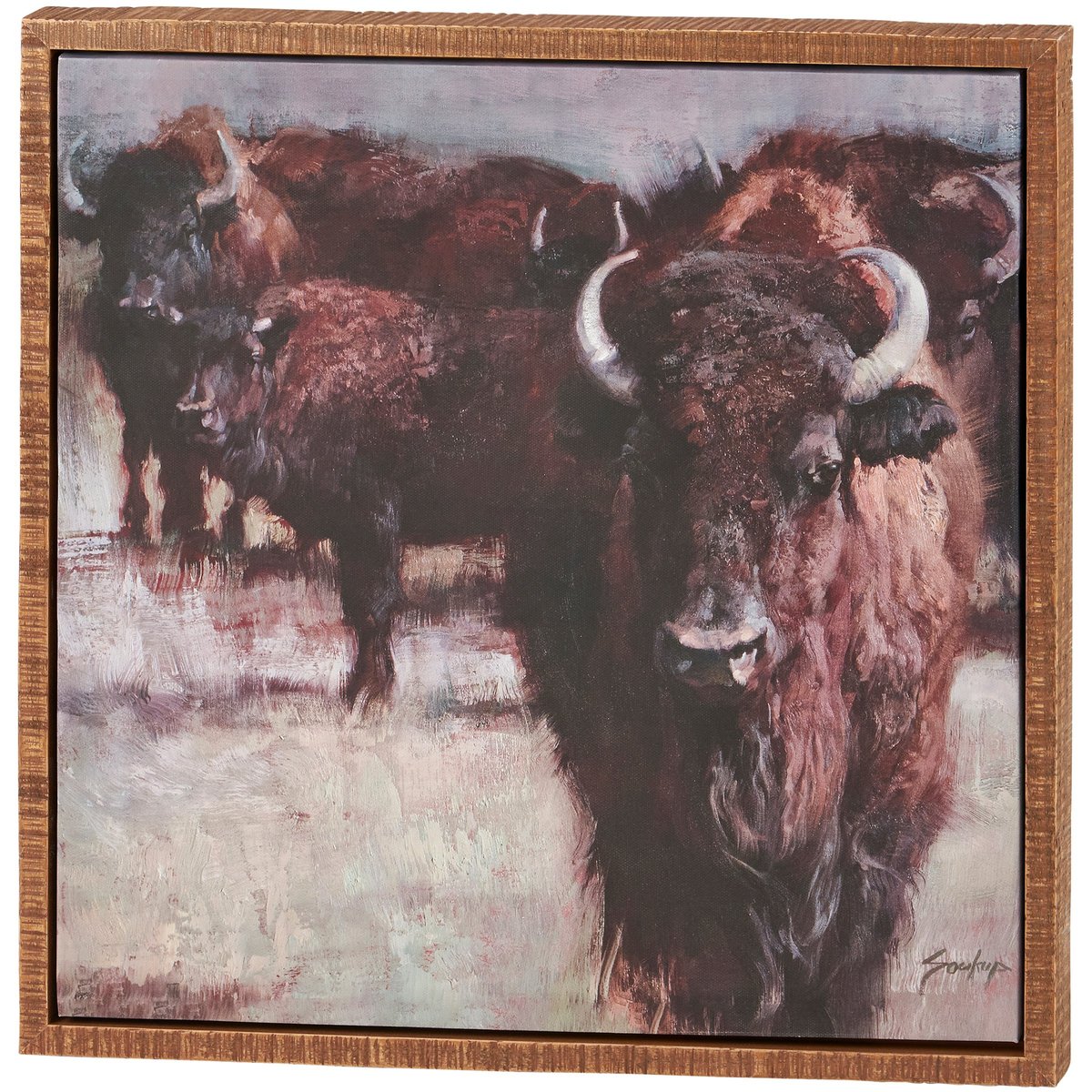 Majestic Buffalo Bison Canvas Wall Art - Rustic Desert Herd Hand Painted Floating Frame Decor