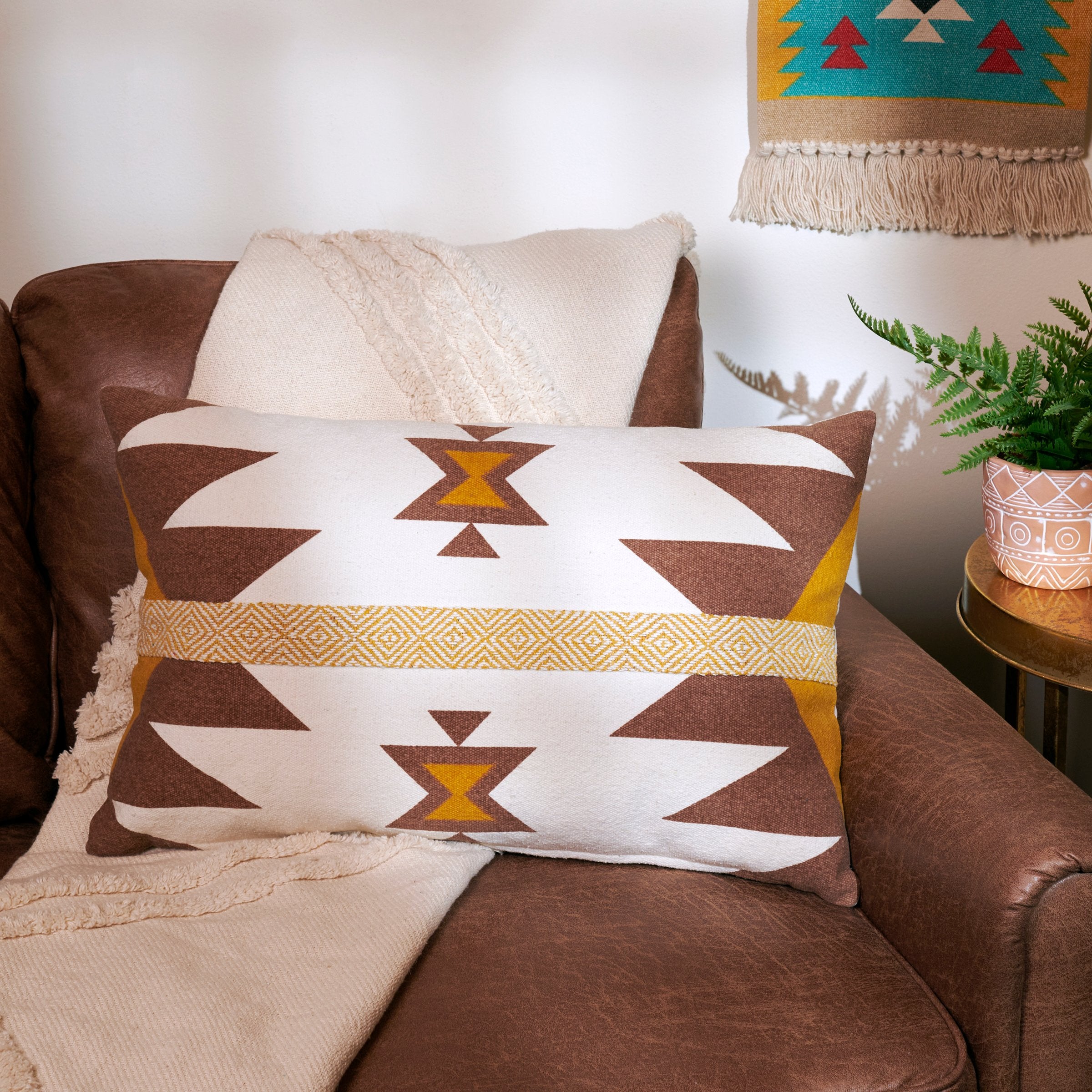 Vibrant Southwestern Cotton Throw Pillow with Woven Diamond Pattern, Zippered Cover