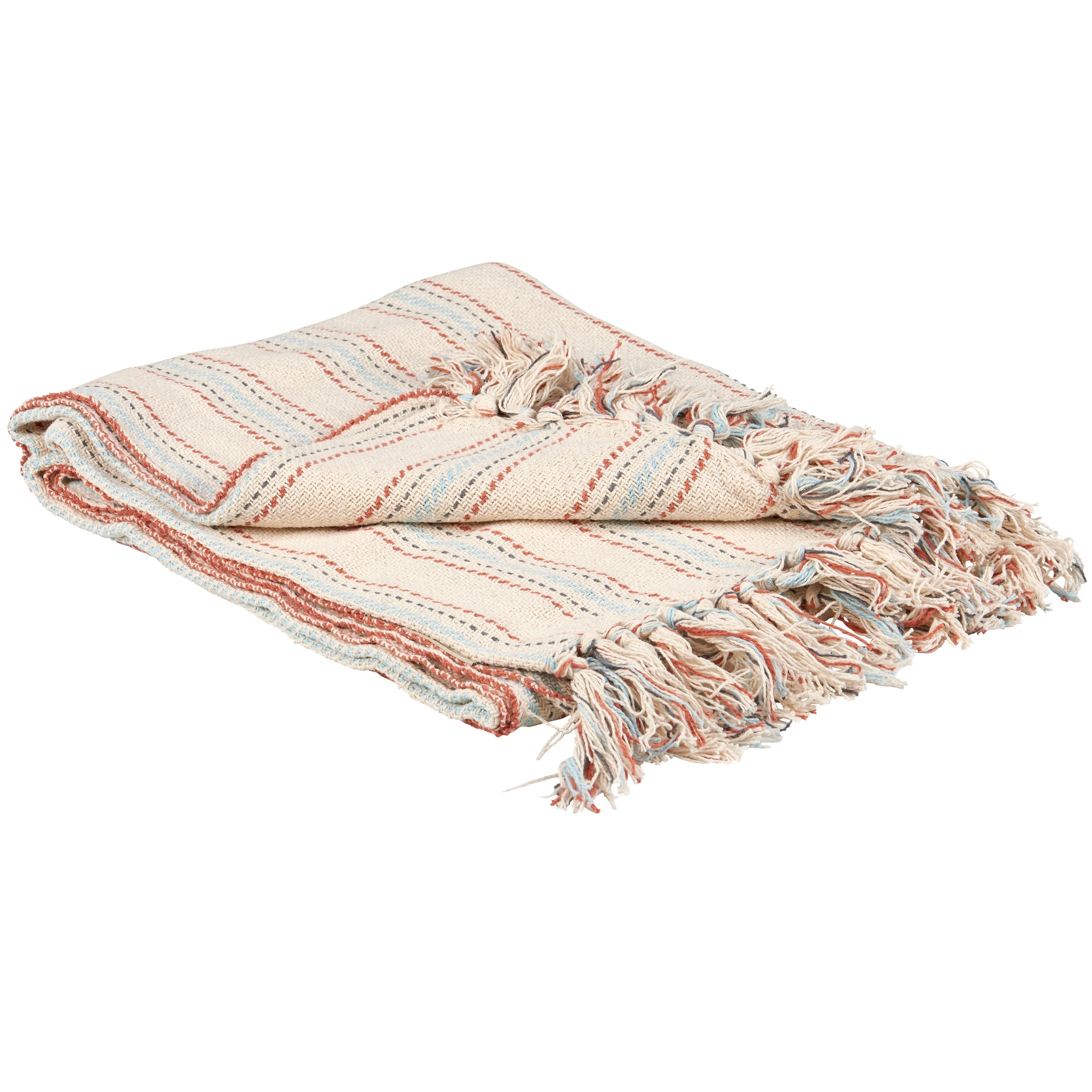 Cozy Farmhouse Ticking Stripe Cotton Throw Blanket with Tassels, Blue & Red