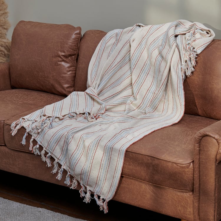 Cozy Farmhouse Ticking Stripe Cotton Throw Blanket with Tassels, Blue & Red