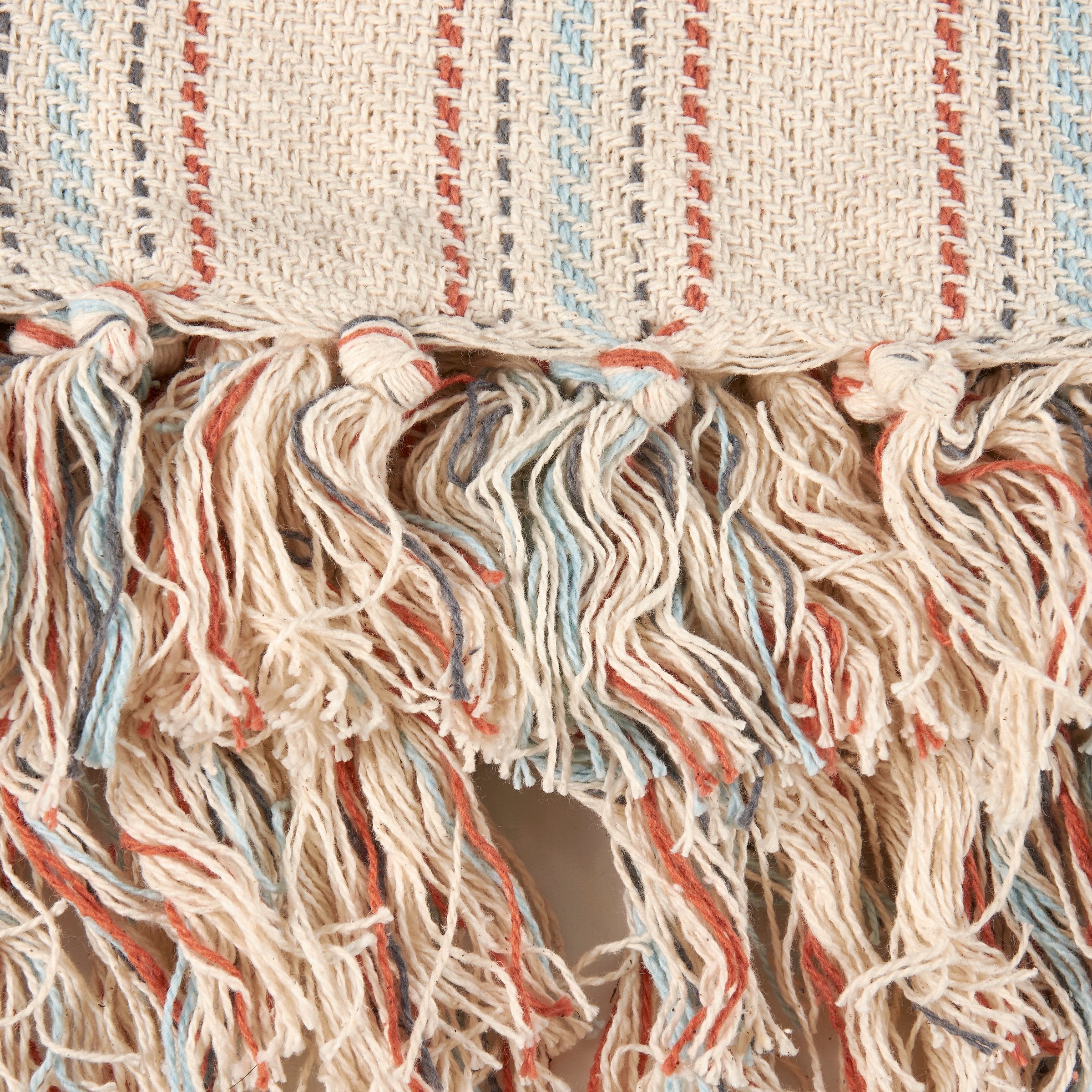 Cozy Farmhouse Ticking Stripe Cotton Throw Blanket with Tassels, Blue & Red