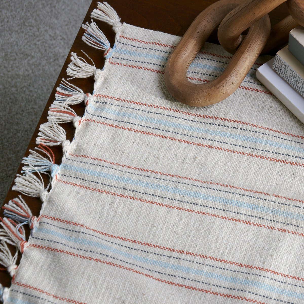 Rustic Farmhouse Ticking Stripe Table Runner, Reversible Red Blue Cotton Decor, Machine Washable