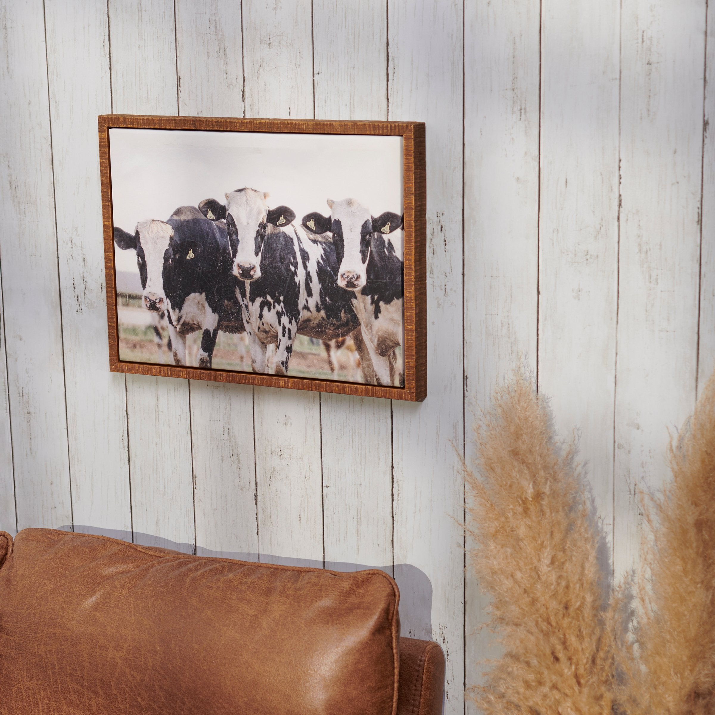 Rustic Farmhouse Cows Canvas Wall Art with Natural Wood Floating Frame