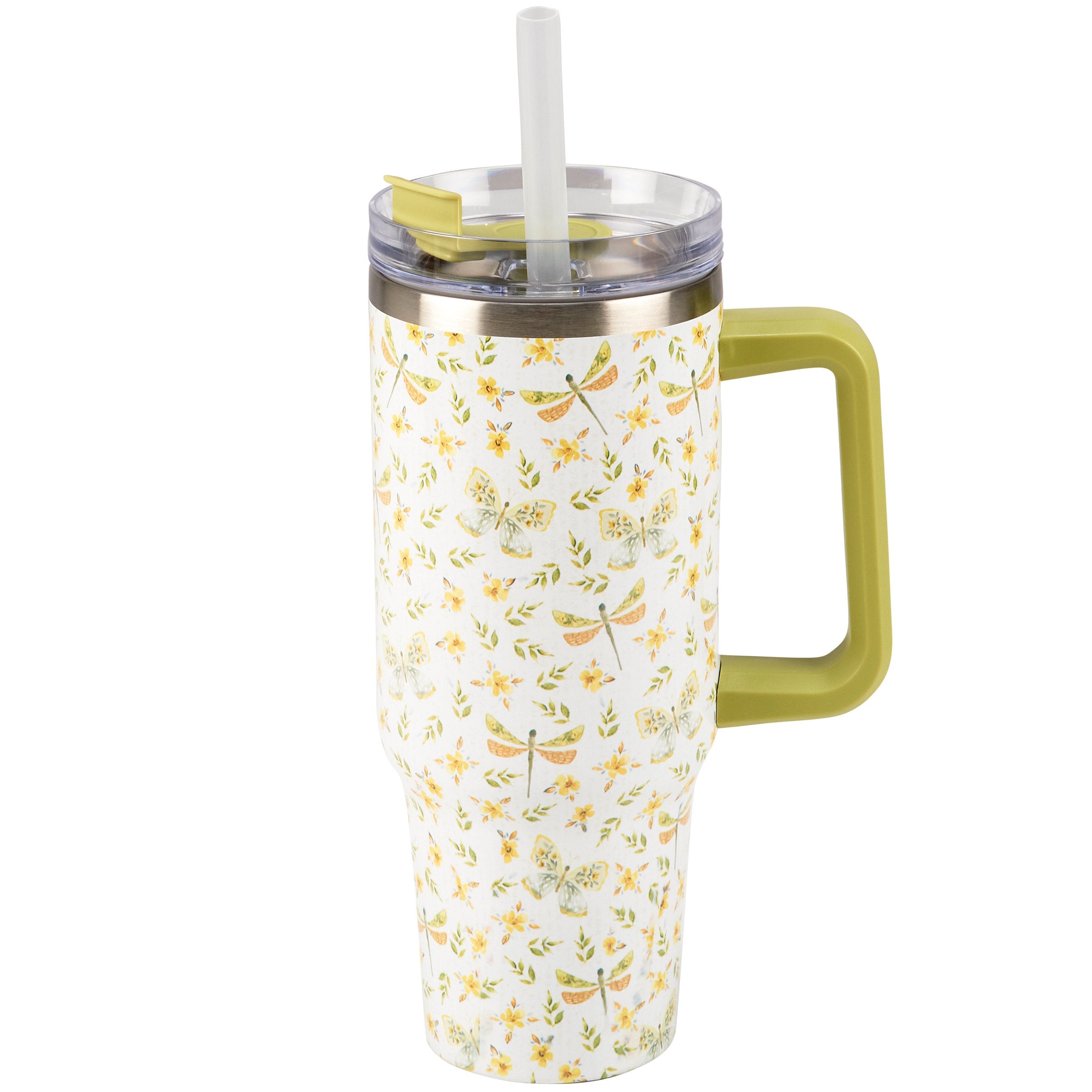 40oz Butterfly Insulated Stainless Steel Travel Mug with Handle and Straw