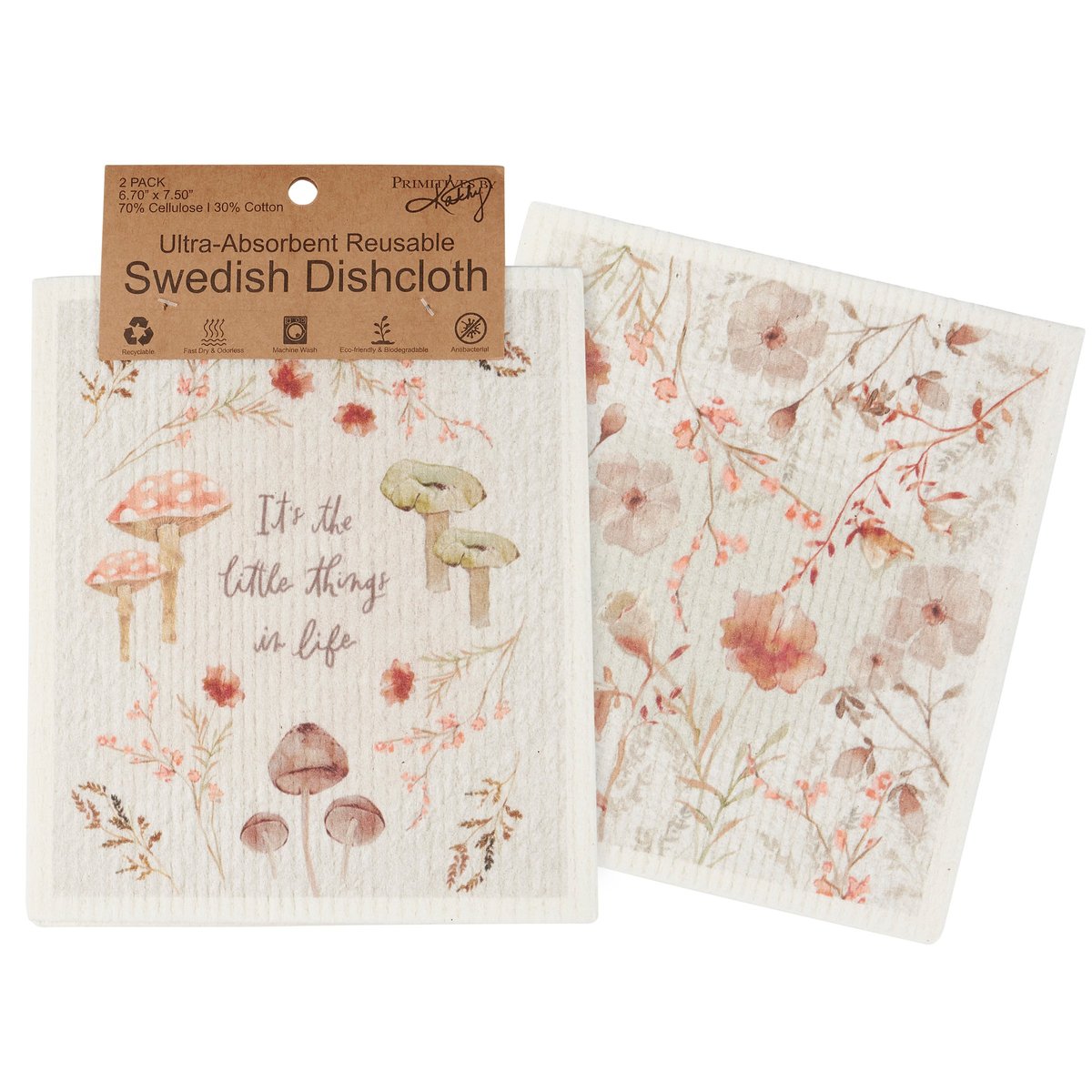 Eco-Friendly Swedish Dishcloth Set with Watercolor Flowers & Mushrooms Design