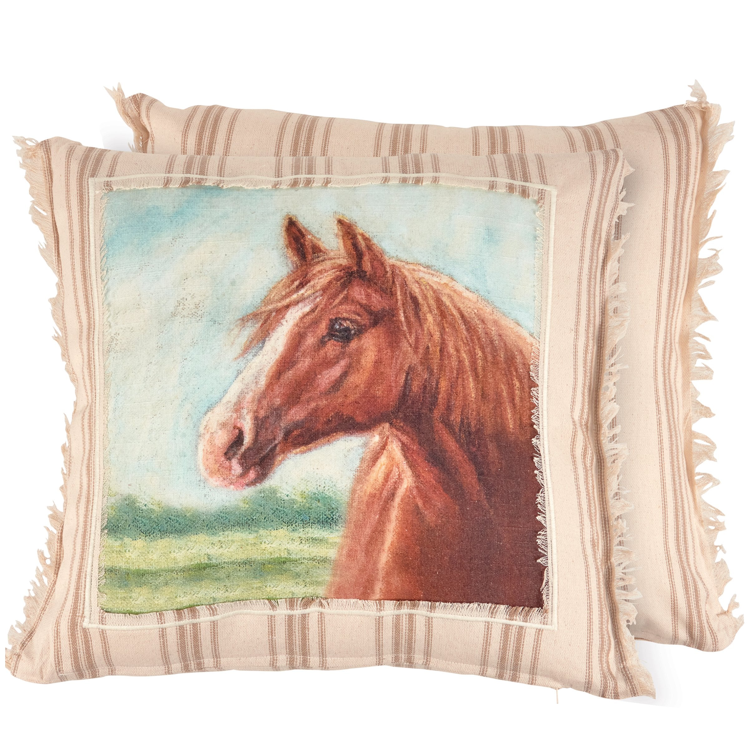 Rustic Farmhouse Cream Cotton Horse Pillow with Frayed Border & Woven Stripes