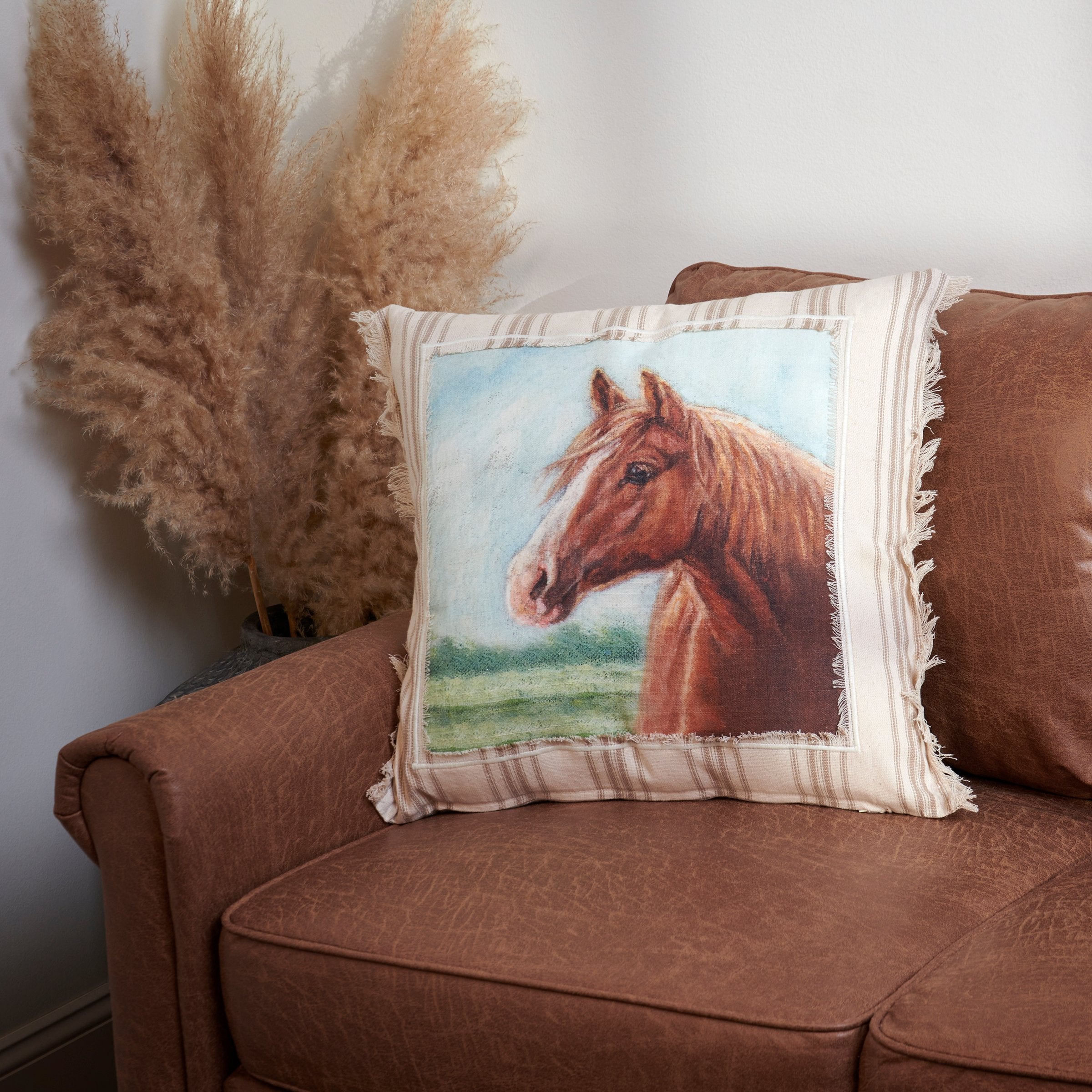 Rustic Farmhouse Cream Cotton Horse Pillow with Frayed Border & Woven Stripes