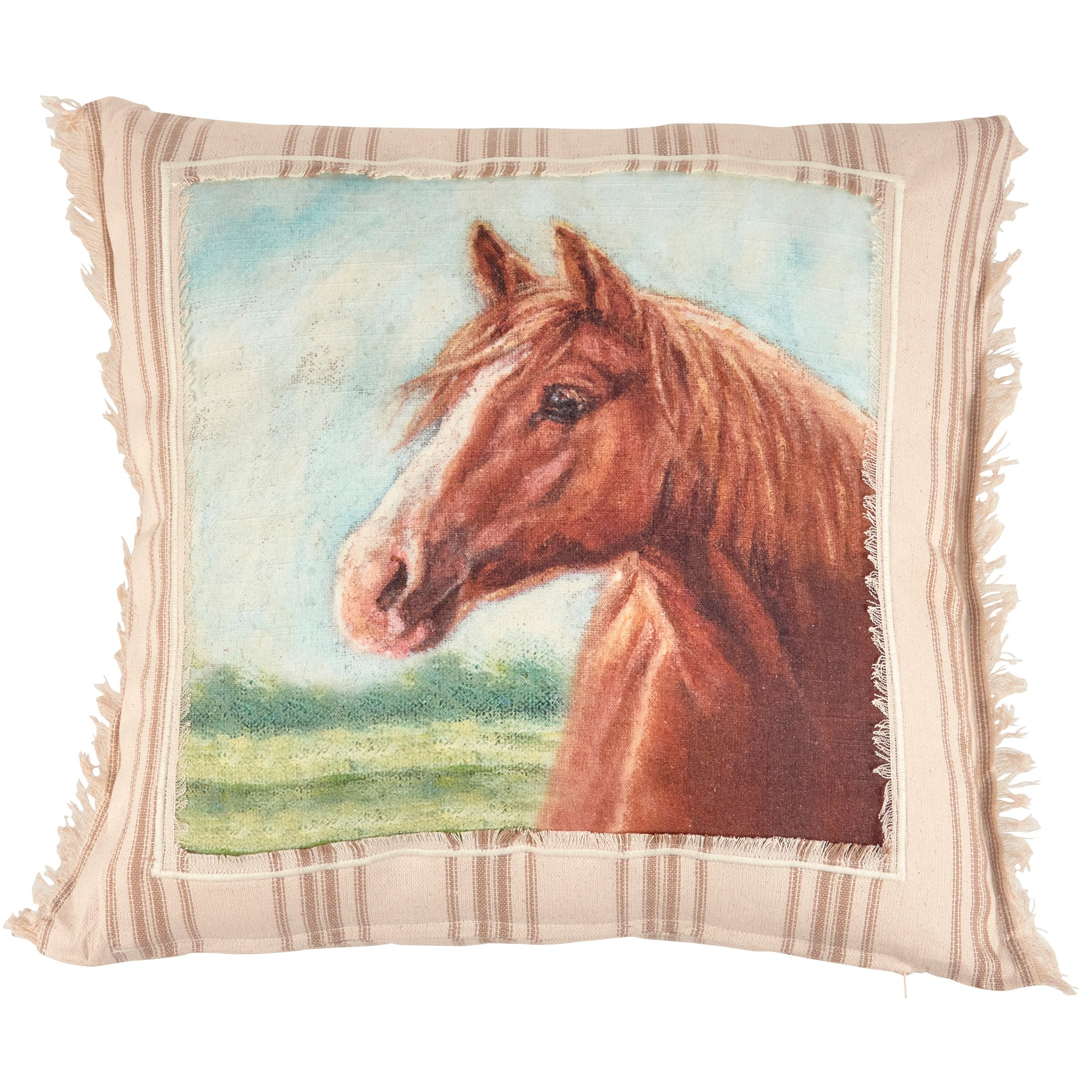 Rustic Farmhouse Cream Cotton Horse Pillow with Frayed Border & Woven Stripes