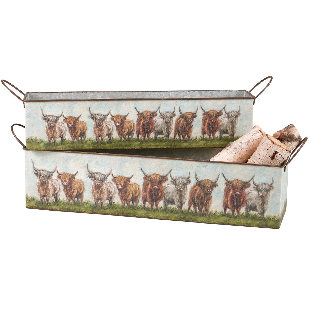 Rustic Farmhouse Highland Cow Galvanized Metal Nesting Storage Bin Set
