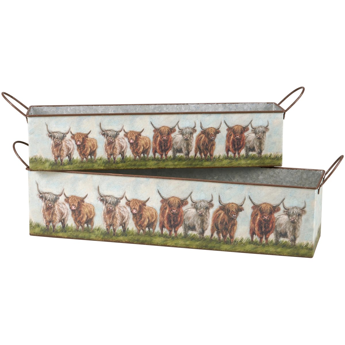 Rustic Farmhouse Highland Cow Galvanized Metal Nesting Storage Bin Set