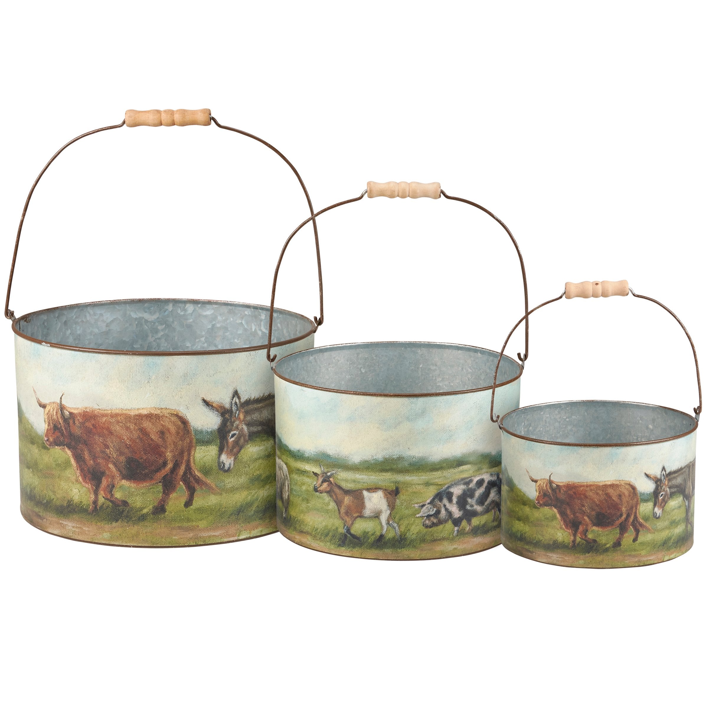 Rustic Farm Friends Galvanized Metal Bucket Set - Hand-Painted Animal Art Decor