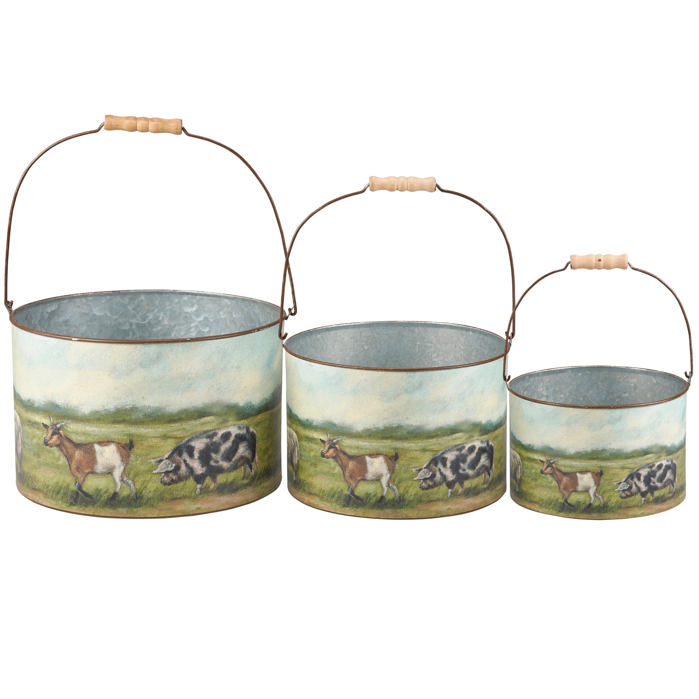 Rustic Farm Friends Galvanized Metal Bucket Set - Hand-Painted Animal Art Decor