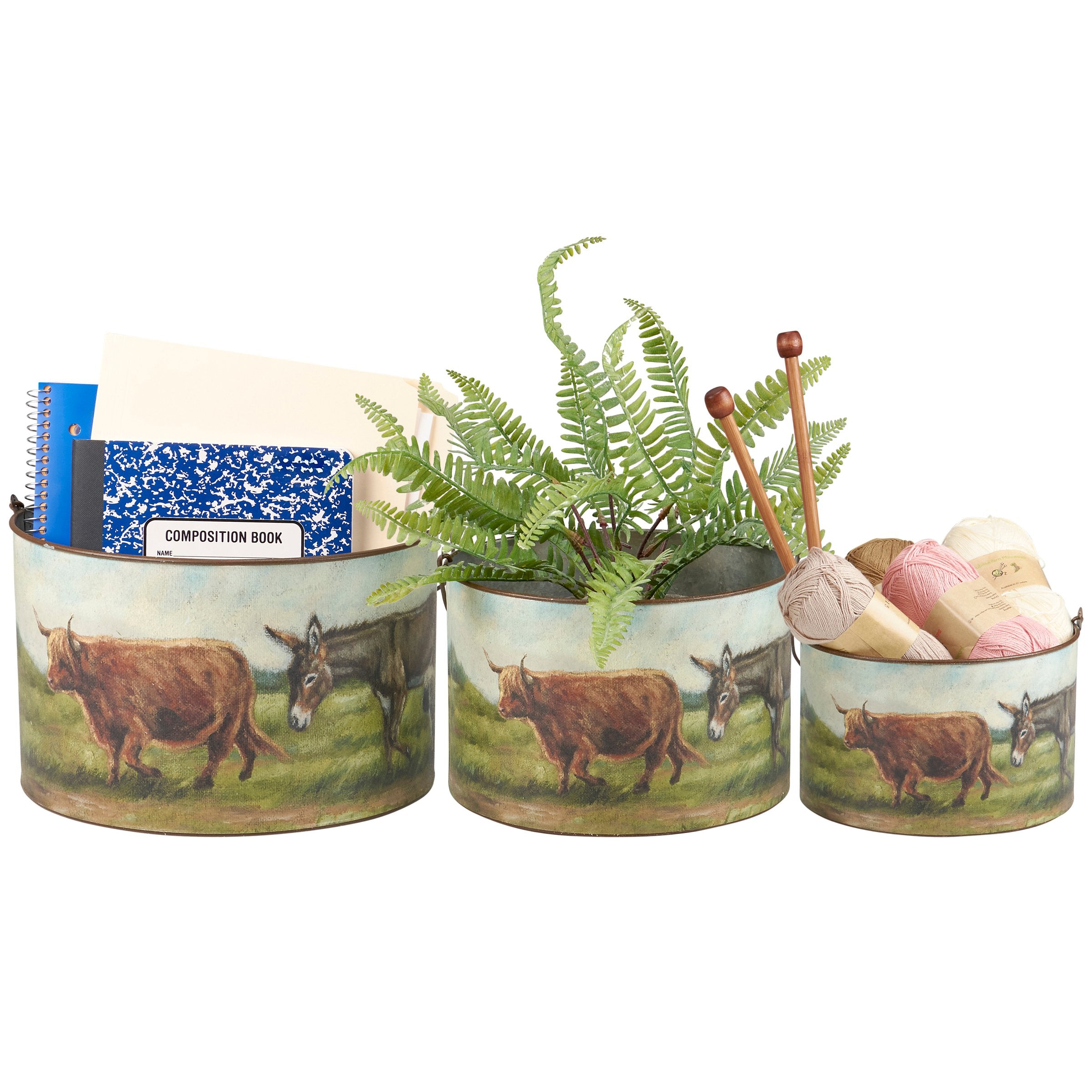 Rustic Farm Friends Galvanized Metal Bucket Set - Hand-Painted Animal Art Decor