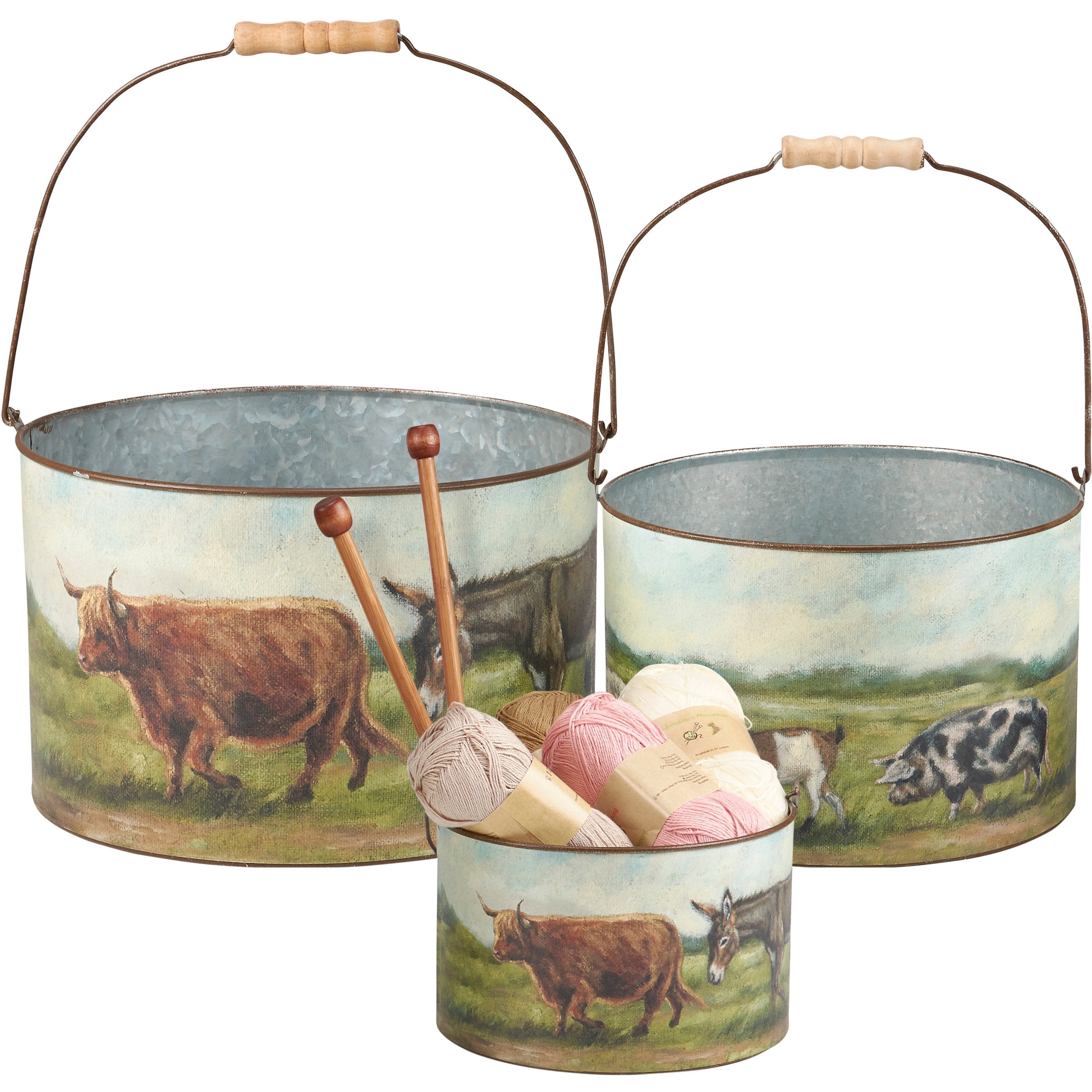 Rustic Farm Friends Galvanized Metal Bucket Set - Hand-Painted Animal Art Decor