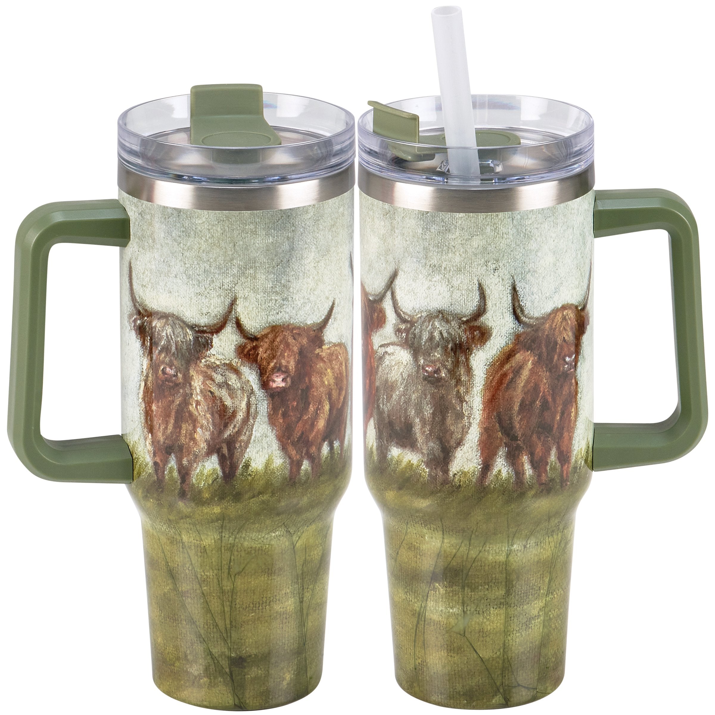 Farmhouse Charm Highland Cow 40oz Insulated Stainless Steel Travel Mug with Handle & Straw