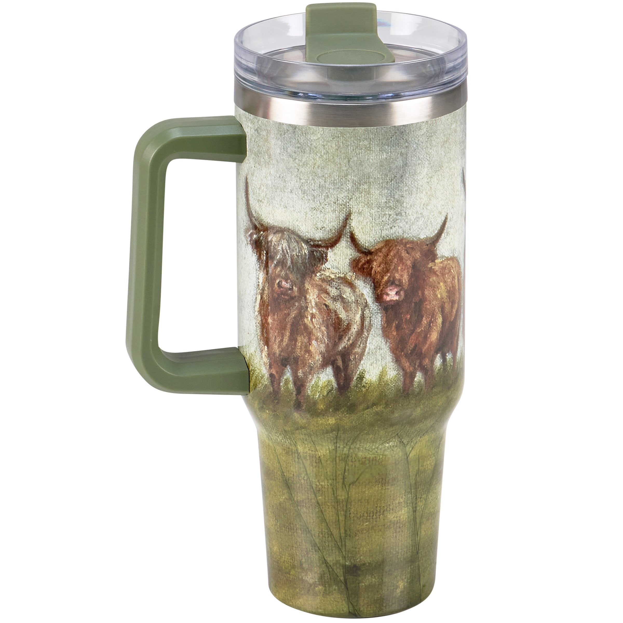 Farmhouse Charm Highland Cow 40oz Insulated Stainless Steel Travel Mug with Handle & Straw