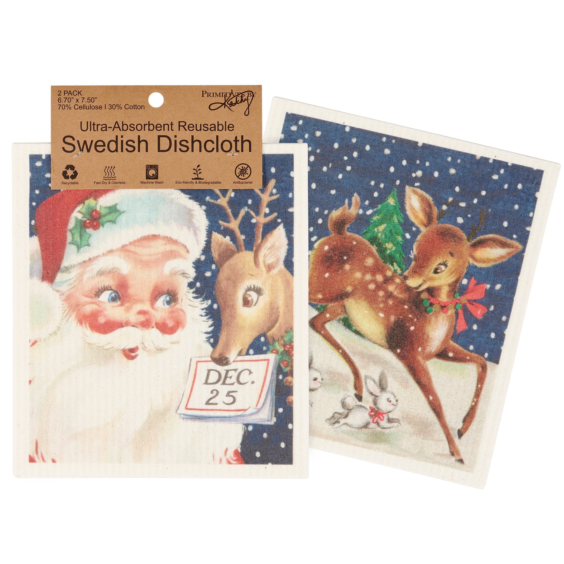 Festive Retro Santa & Reindeer Swedish Dishcloth Set - Eco-Friendly Two Pack
