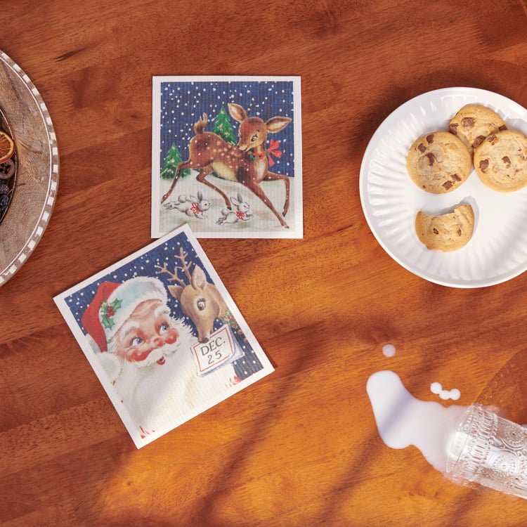 Festive Retro Santa & Reindeer Swedish Dishcloth Set - Eco-Friendly Two Pack