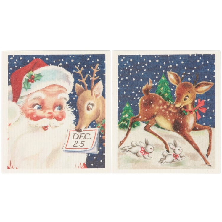 Festive Retro Santa & Reindeer Swedish Dishcloth Set - Eco-Friendly Two Pack