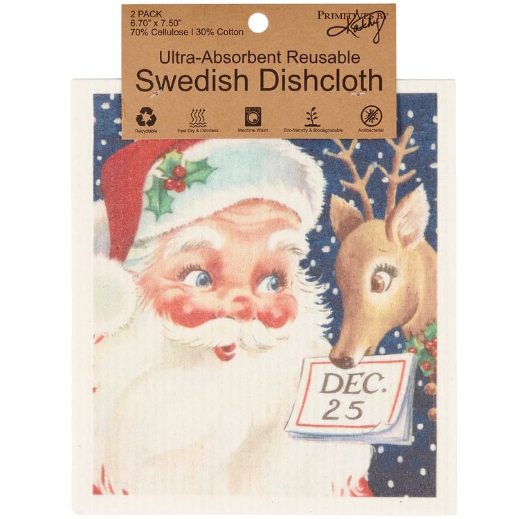 Festive Retro Santa & Reindeer Swedish Dishcloth Set - Eco-Friendly Two Pack