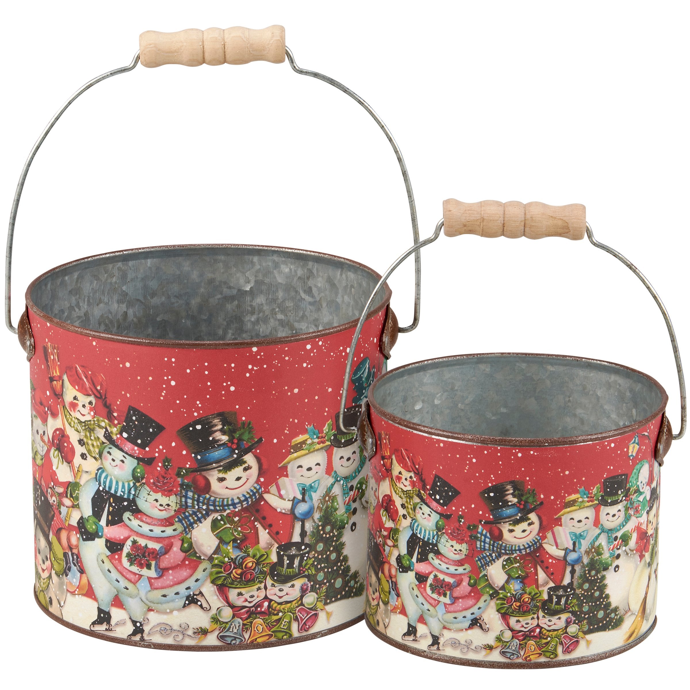 Delightful Retro Snowmen Galvanized Metal Christmas Holiday Decor Bucket Set