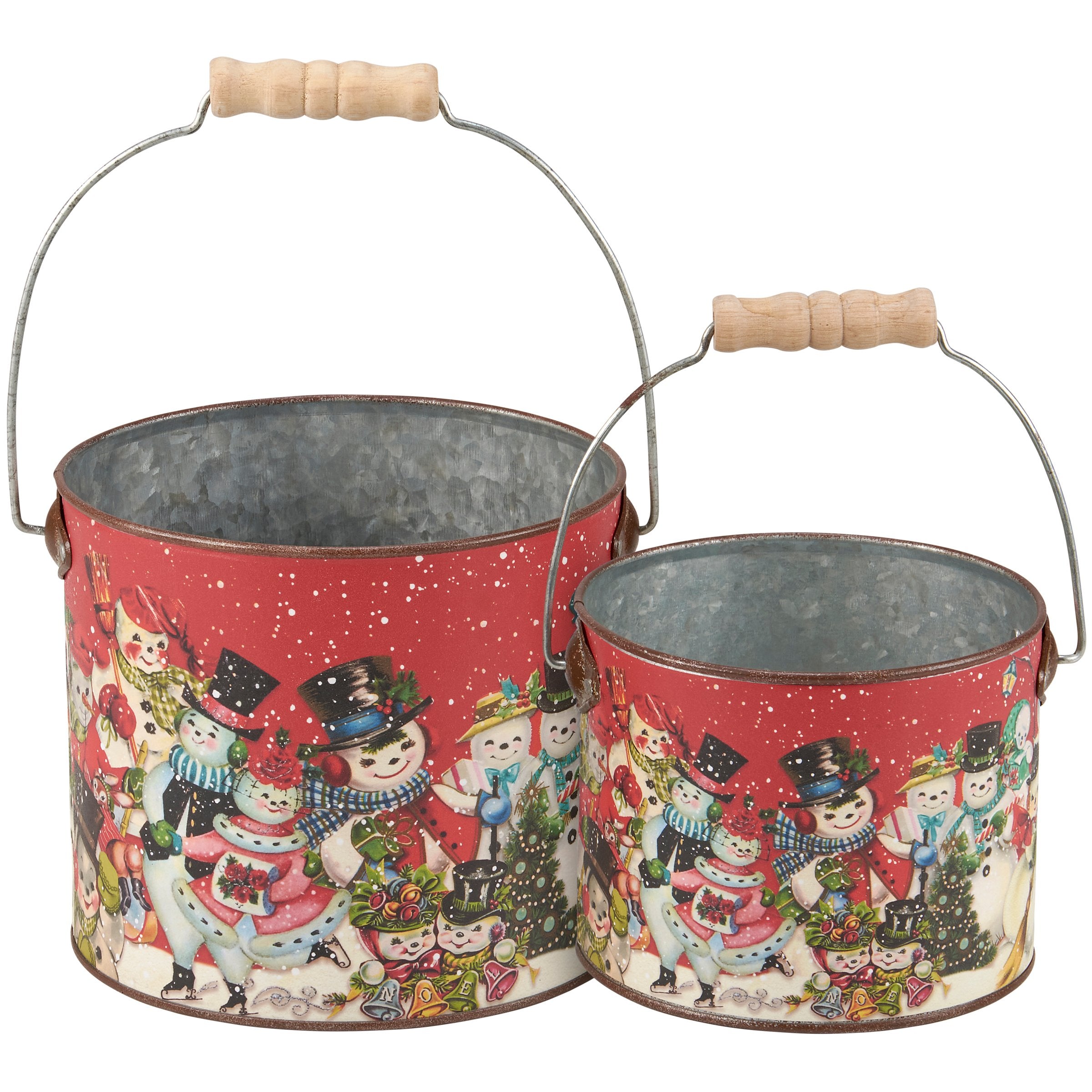 Delightful Retro Snowmen Galvanized Metal Christmas Holiday Decor Bucket Set