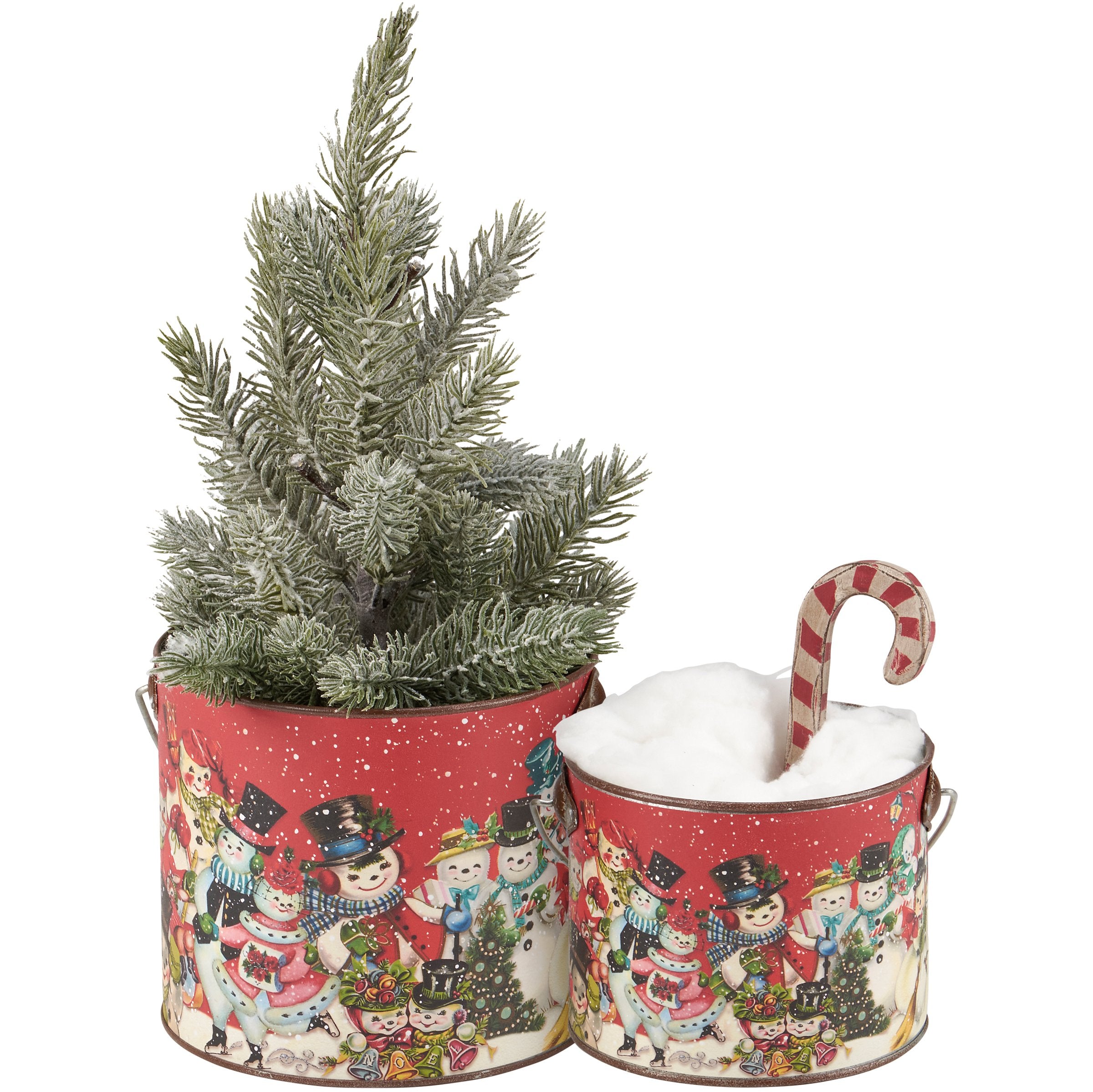 Delightful Retro Snowmen Galvanized Metal Christmas Holiday Decor Bucket Set