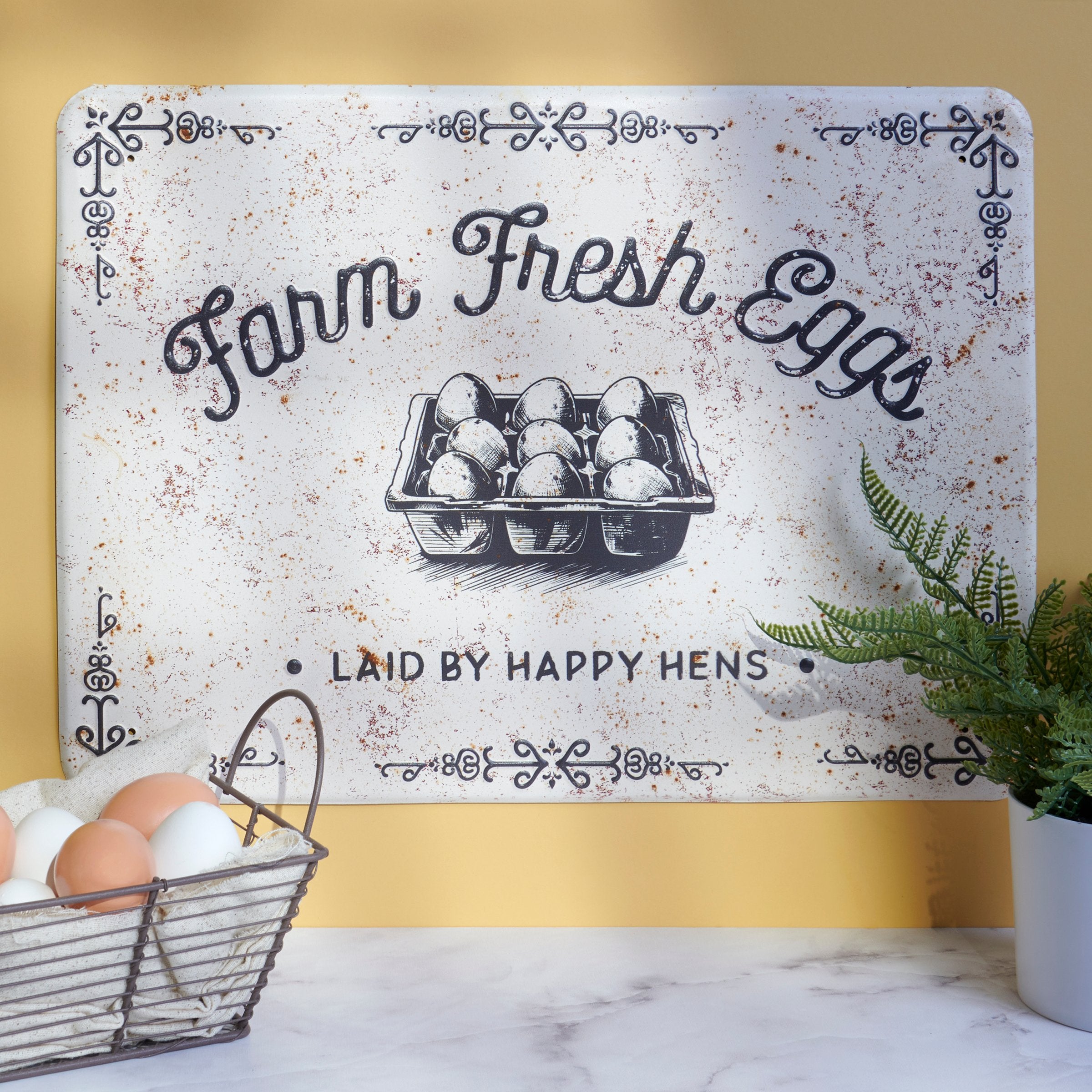 Charming Farm Fresh Eggs Metal Wall Decor Sign for Rustic Kitchen