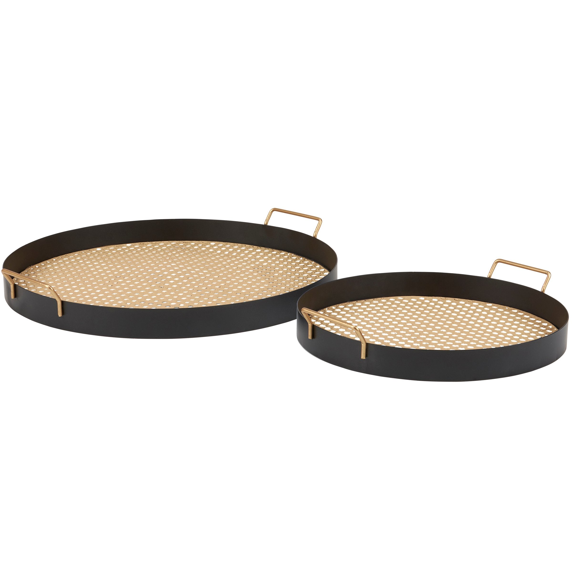 Two-Piece Rattan Inspired Metal Tray Set - Black & Tan Home Decor