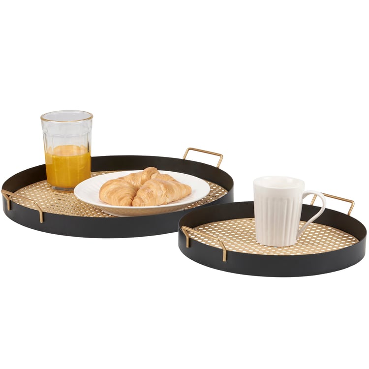 Two-Piece Rattan Inspired Metal Tray Set - Black & Tan Home Decor