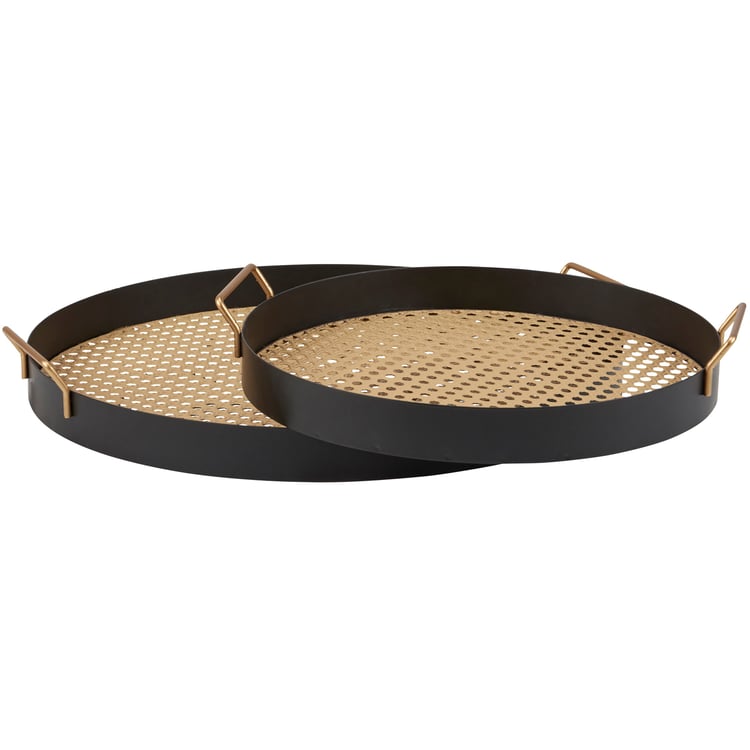 Two-Piece Rattan Inspired Metal Tray Set - Black & Tan Home Decor