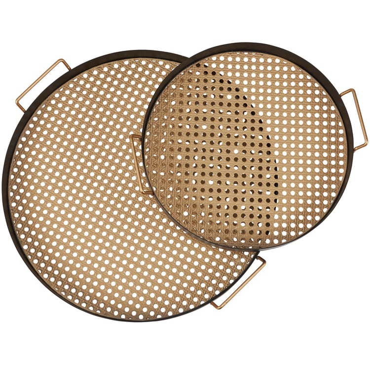 Two-Piece Rattan Inspired Metal Tray Set - Black & Tan Home Decor